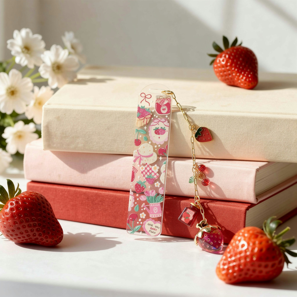 Strawberry Bookmark, Personalised Strawberry Bookmark with Charms, Cute Acrylic Bookmark, Kawaii Fruit Bookmark, Book Lover Gift, Coquette Gift