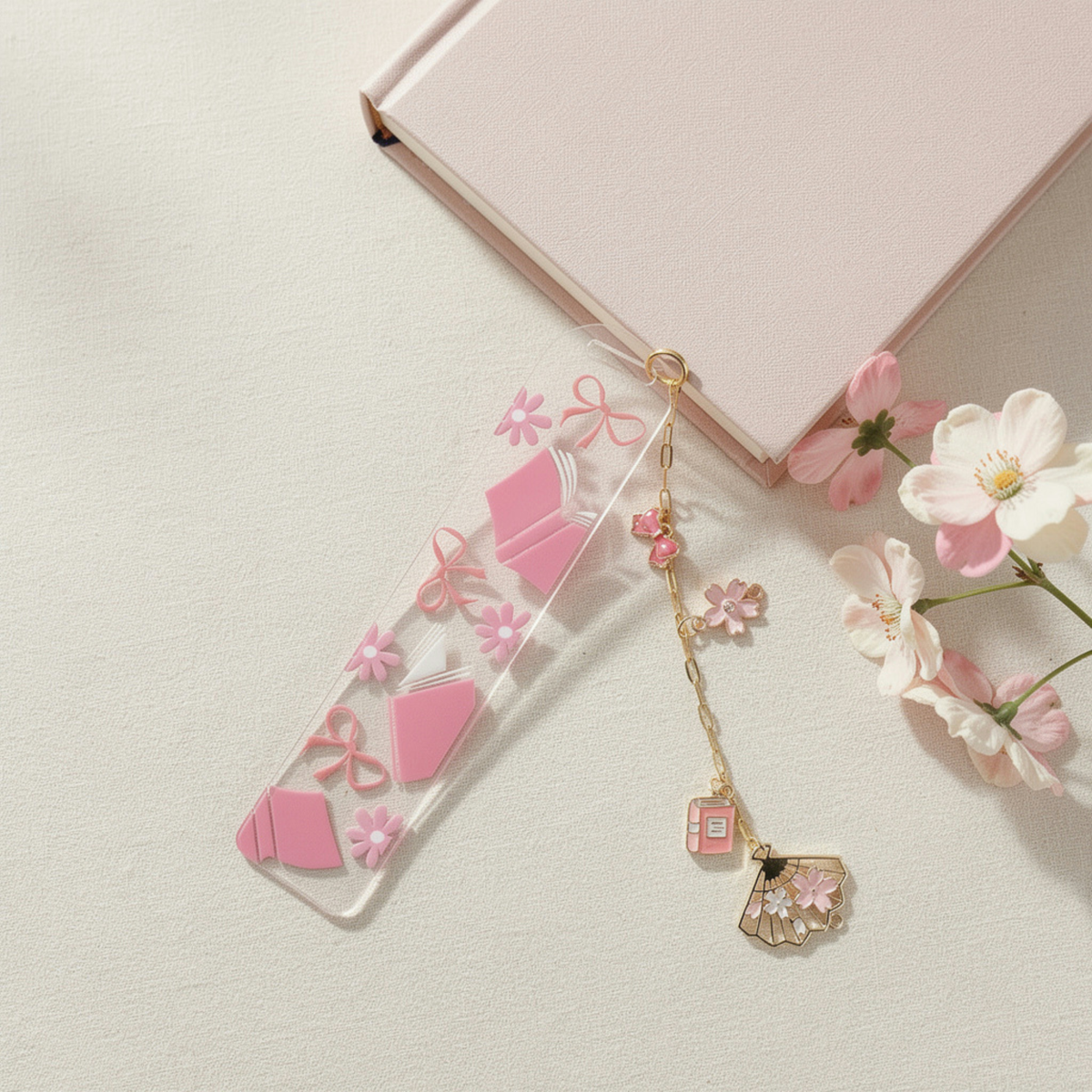 Pink Bookmarks with Charms, Cute Acrylic Bookmark, Coquette Bow Bookmark, Cherry Blossom Floral Bookmark, Book Lover Gift, Aesthetic Reading Gift