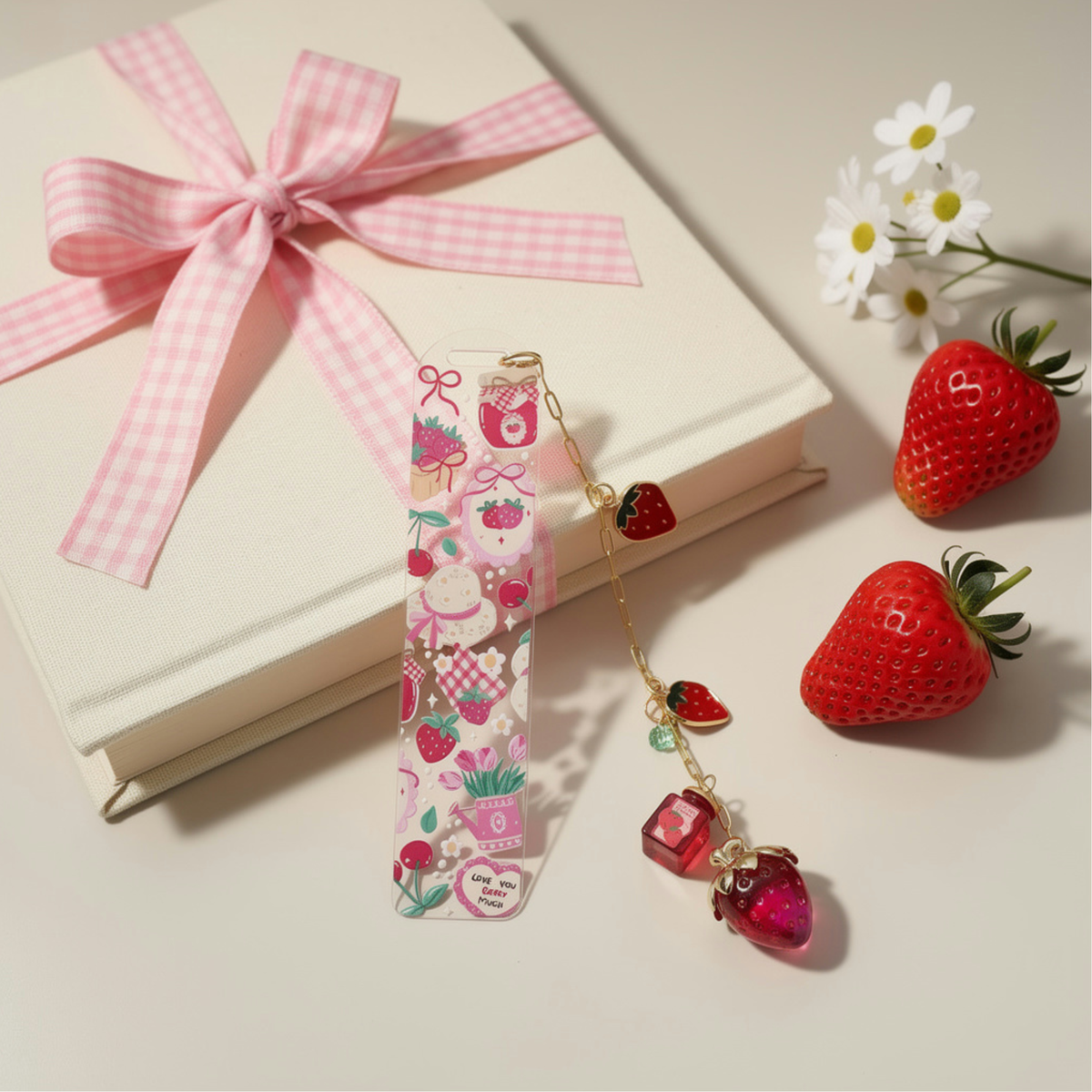 Strawberry Bookmark, Personalised Strawberry Bookmark with Charms, Cute Acrylic Bookmark, Kawaii Fruit Bookmark, Book Lover Gift, Coquette Gift
