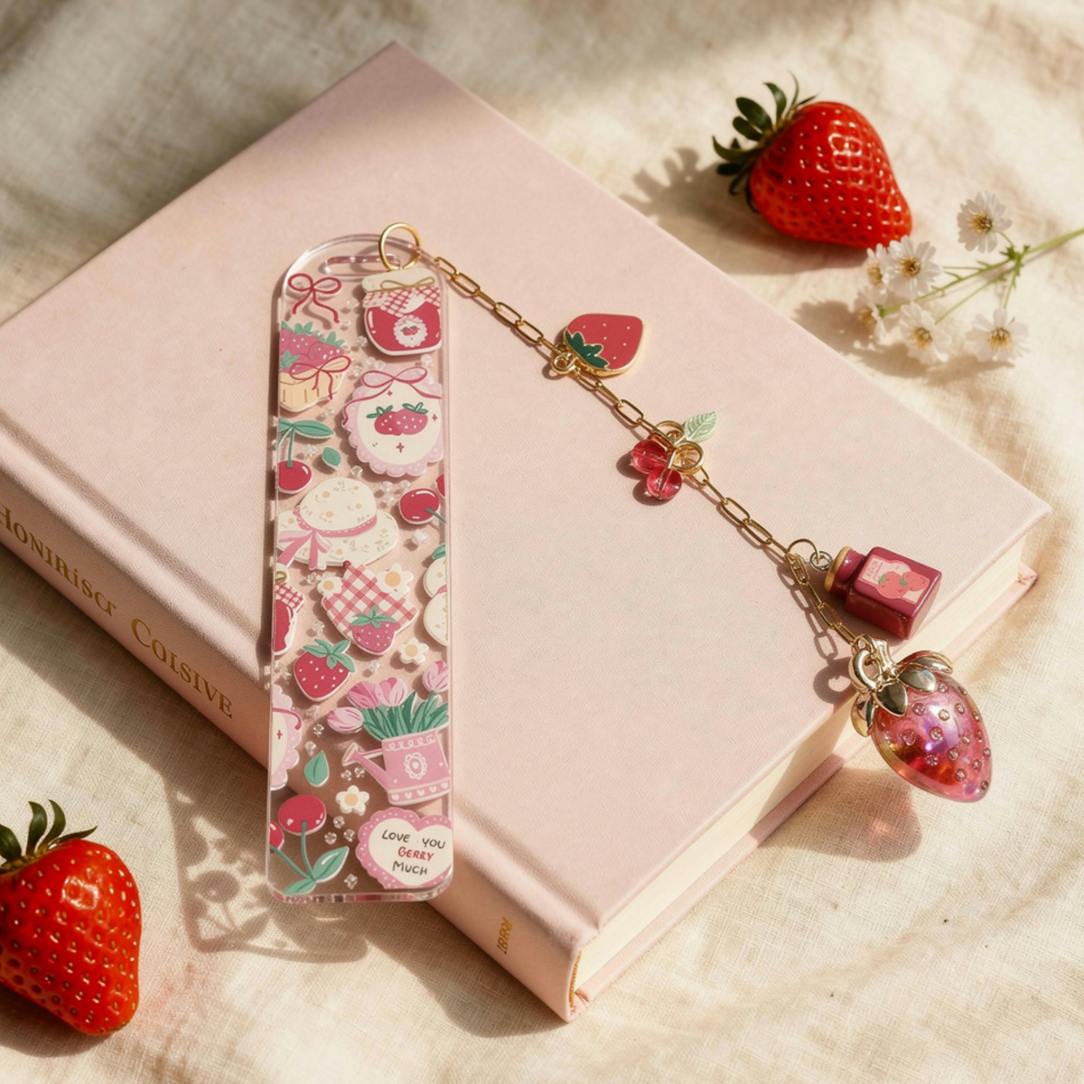 Strawberry Bookmark, Personalised Strawberry Bookmark with Charms, Cute Acrylic Bookmark, Kawaii Fruit Bookmark, Book Lover Gift, Coquette Gift