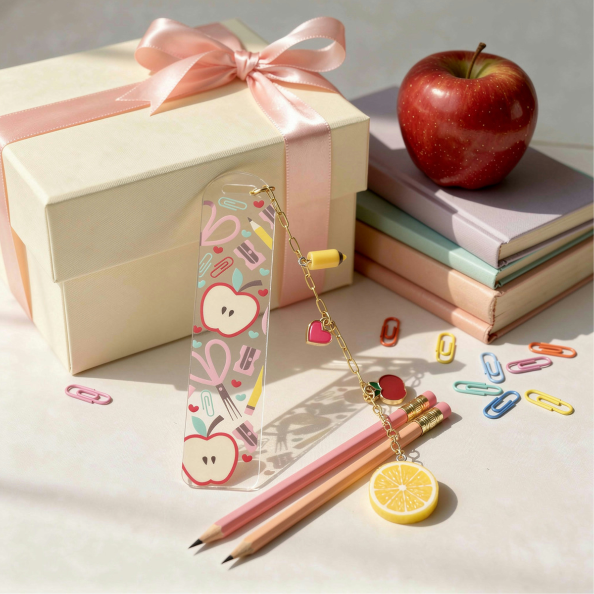Teacher Bookmark with Charms, Cute Acrylic Bookmark, Teacher Appreciation Gift, Apple Bookmark, End of Year Teacher Gift, Christmas Present