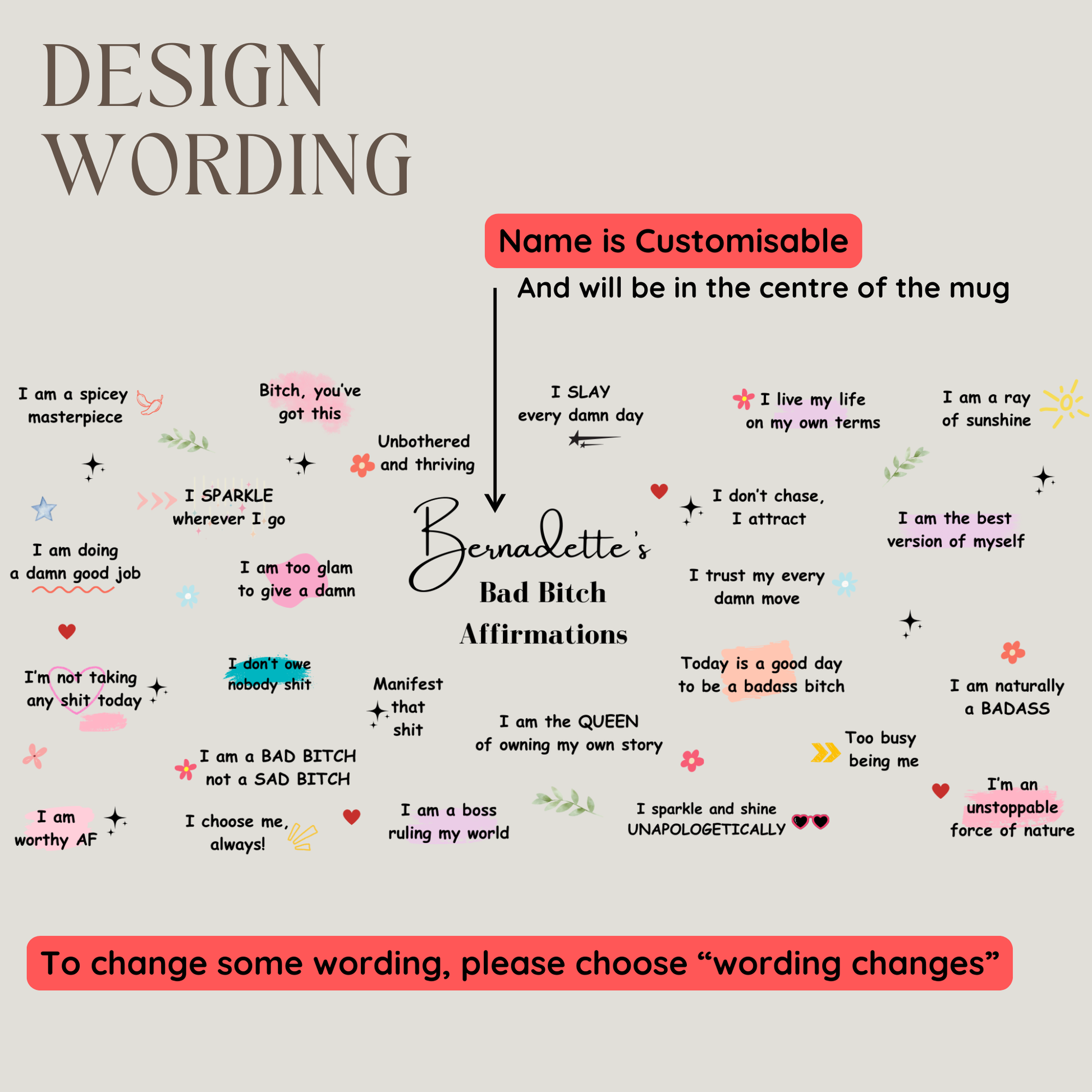 Design wording for Personalised Bad B*tch Affirmations Mug. Swear Affirmations