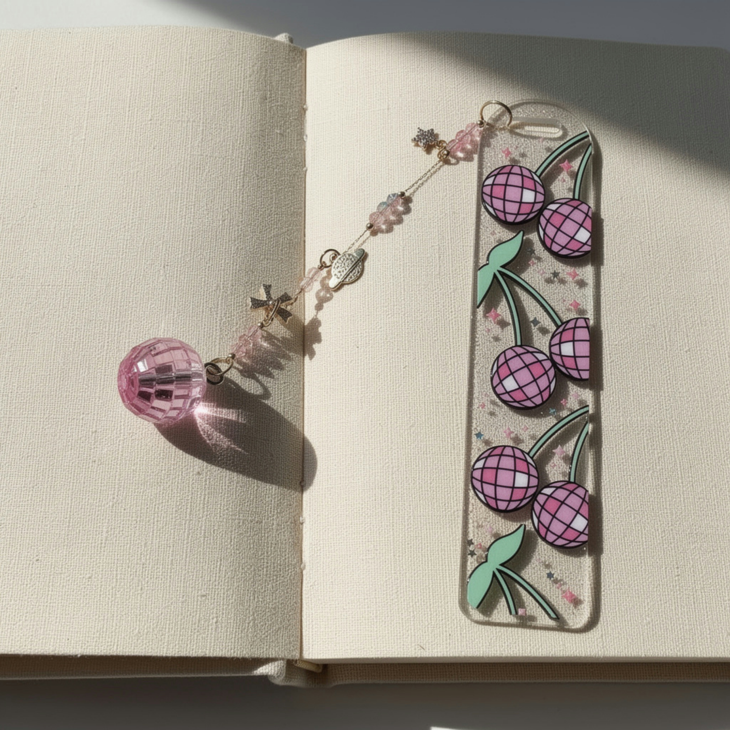 Disco Cherry Bookmark. Y2K Cherry Bookmark. Disco Cherry Bookmark for Book Lovers. Pink Disco Cherry Bookmark. Cherry Disco Ball Bookmark