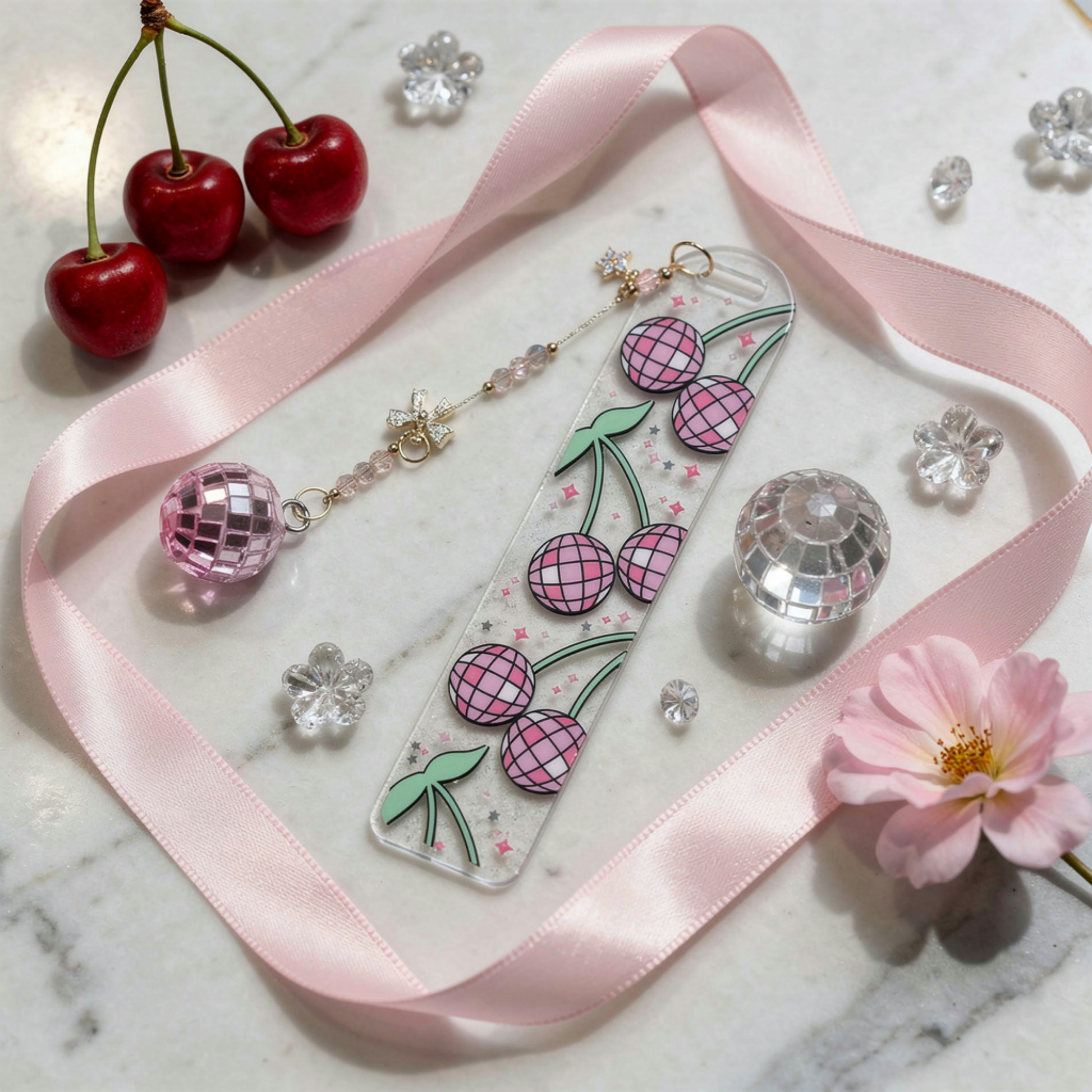 Disco Cherry Bookmark. Y2K Cherry Bookmark. Disco Cherry Bookmark for Book Lovers. Pink Disco Cherry Bookmark. Cherry Disco Ball Bookmark