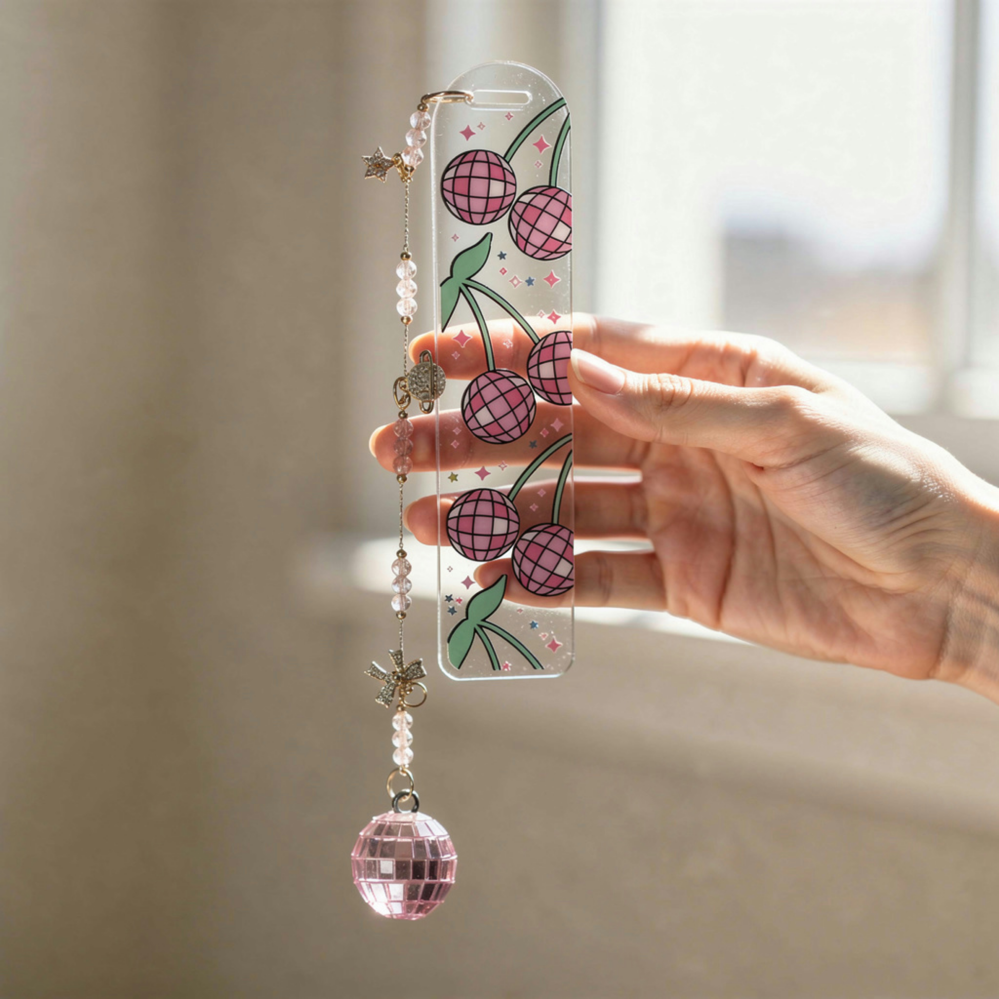 Disco Cherry Bookmark. Y2K Cherry Bookmark. Disco Cherry Bookmark for Book Lovers. Pink Disco Cherry Bookmark. Cherry Disco Ball Bookmark