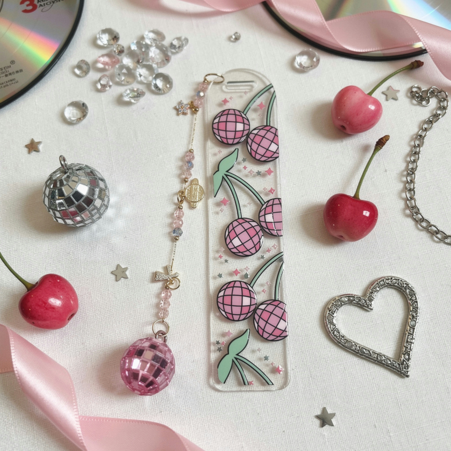Disco Cherry Bookmark. Y2K Cherry Bookmark. Disco Cherry Bookmark for Book Lovers. Pink Disco Cherry Bookmark. Cherry Disco Ball Bookmark