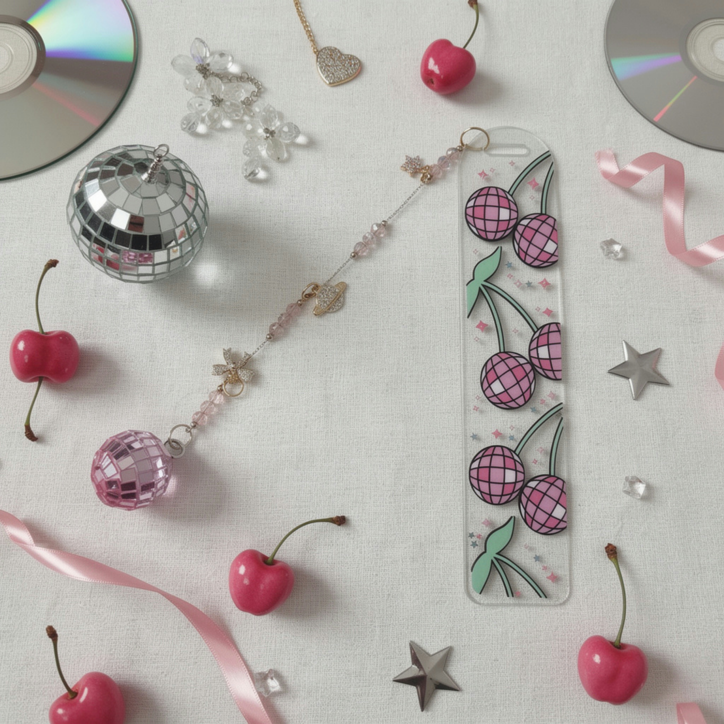 Disco Cherry Bookmark. Y2K Cherry Bookmark. Disco Cherry Bookmark for Book Lovers. Pink Disco Cherry Bookmark. Cherry Disco Ball Bookmark