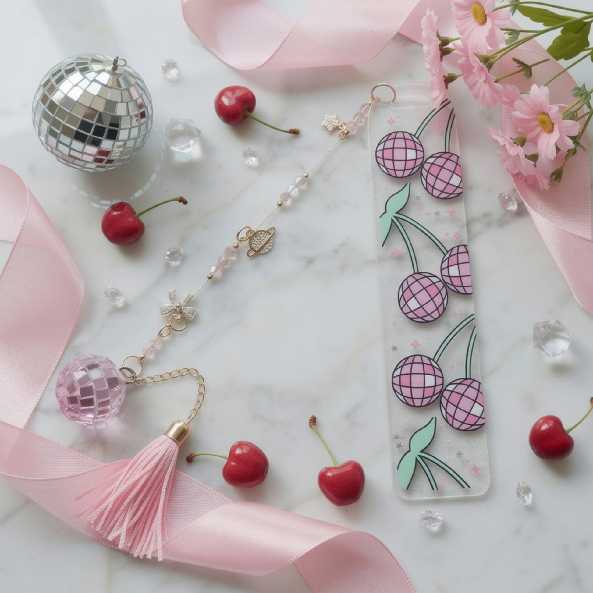 Disco Cherry Bookmark. Y2K Cherry Bookmark. Disco Cherry Bookmark for Book Lovers. Pink Disco Cherry Bookmark. Cherry Disco Ball Bookmark