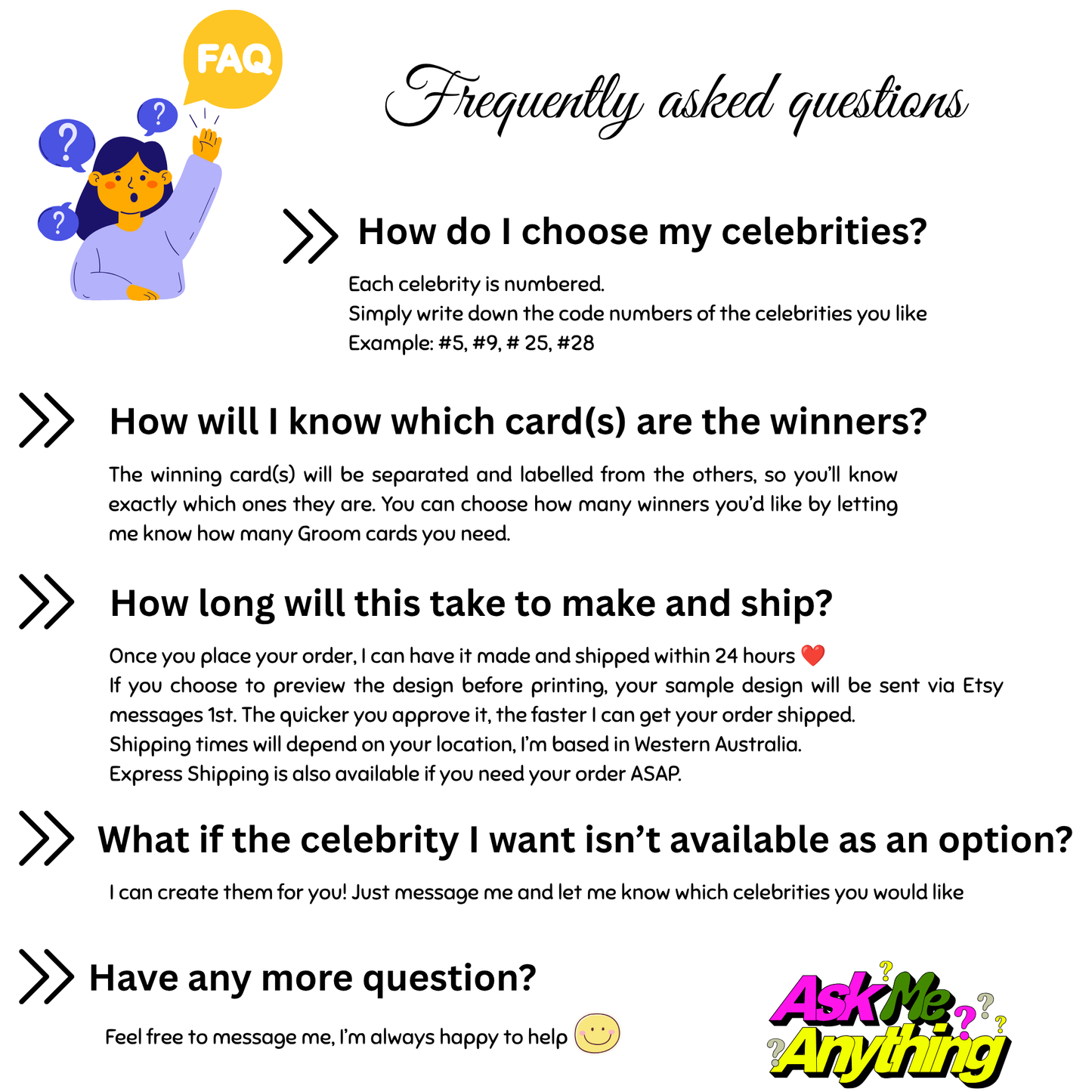 A FAQ infographic with the heading 'Frequently asked questions' on a white background. It lists five common customer questions with explanatory text and simple illustrations, including a cartoon character and a smiley face with 'Ask Me Anything' text.