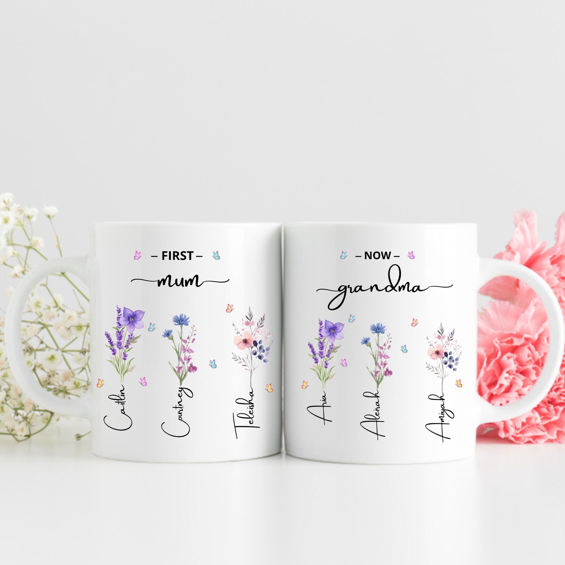 First Mum Now Grandma Mug with kids and grandkids names and floral design, custom grandma coffee mug