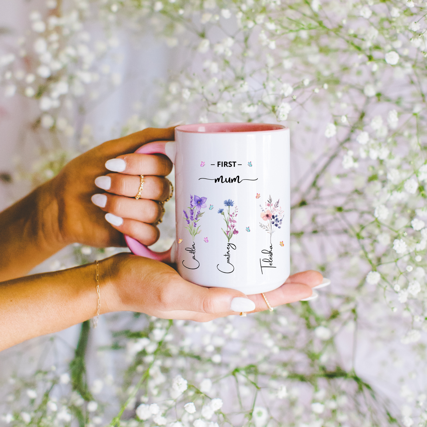 First Mum Now Grandma personalised flower mug showing family names, thoughtful gift for grandma from grandkids