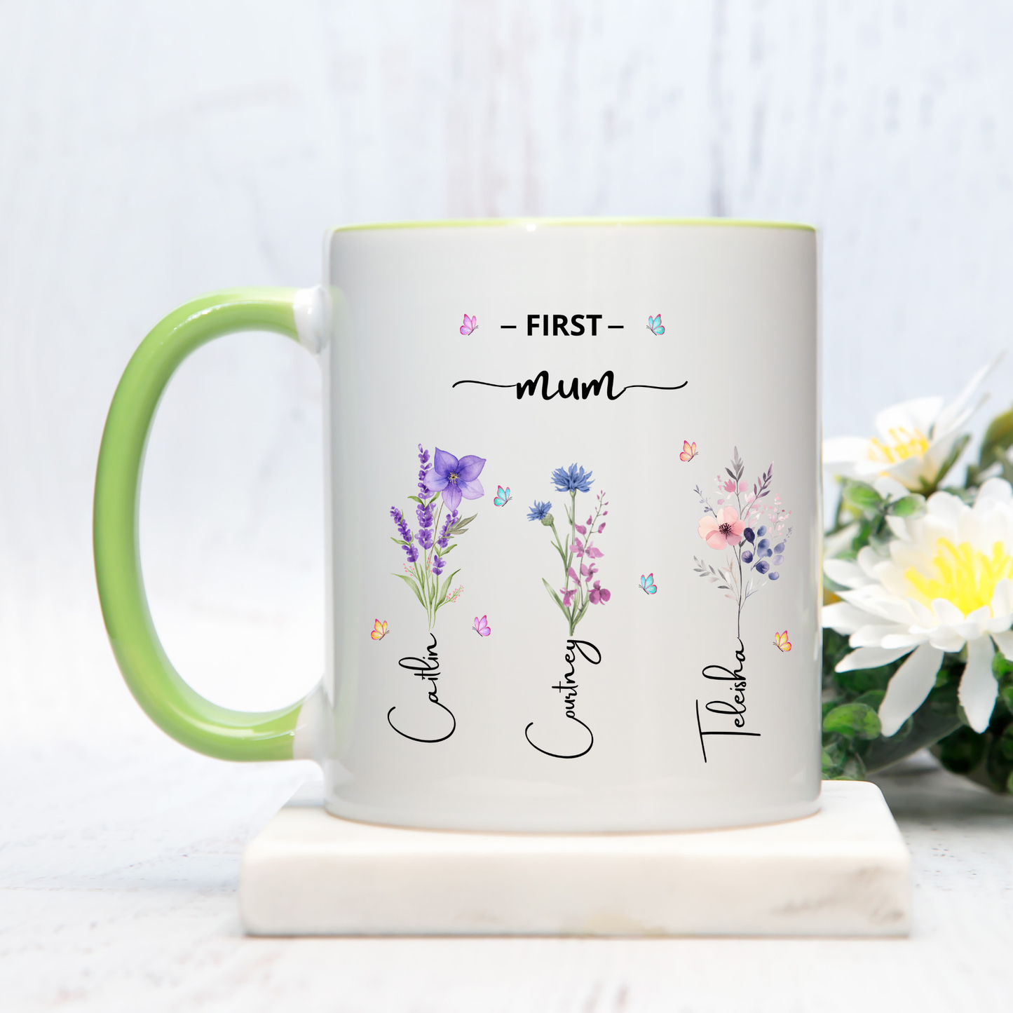 First Mum Now Grandma Mug with kids and grandkids names and floral design, custom grandma coffee mug