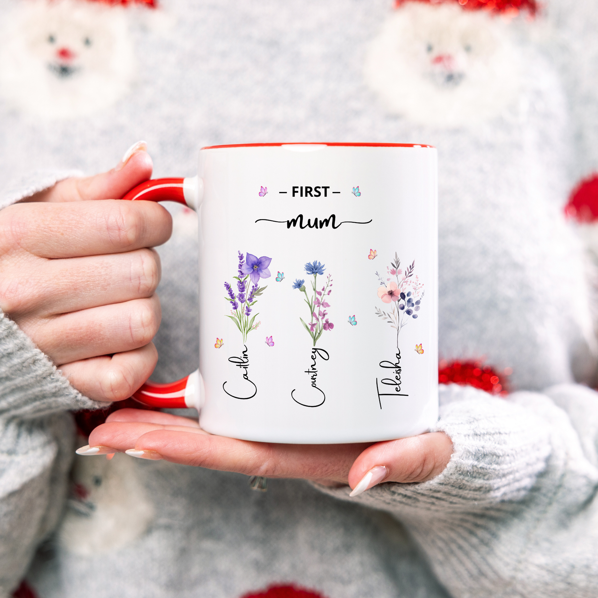 First Mum Now Grandma Mug with kids and grandkids names and floral design, custom grandma coffee mug
