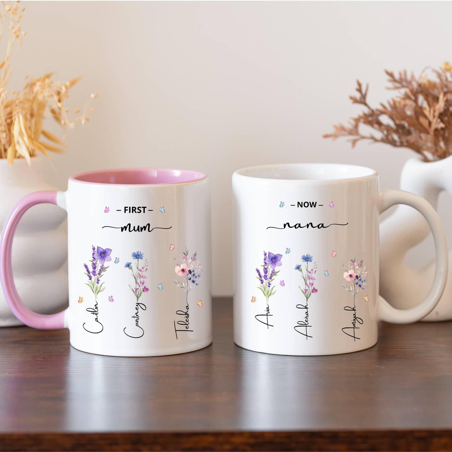 First Mum Now Grandma Mug with kids and grandkids names and floral design, custom grandma coffee mug