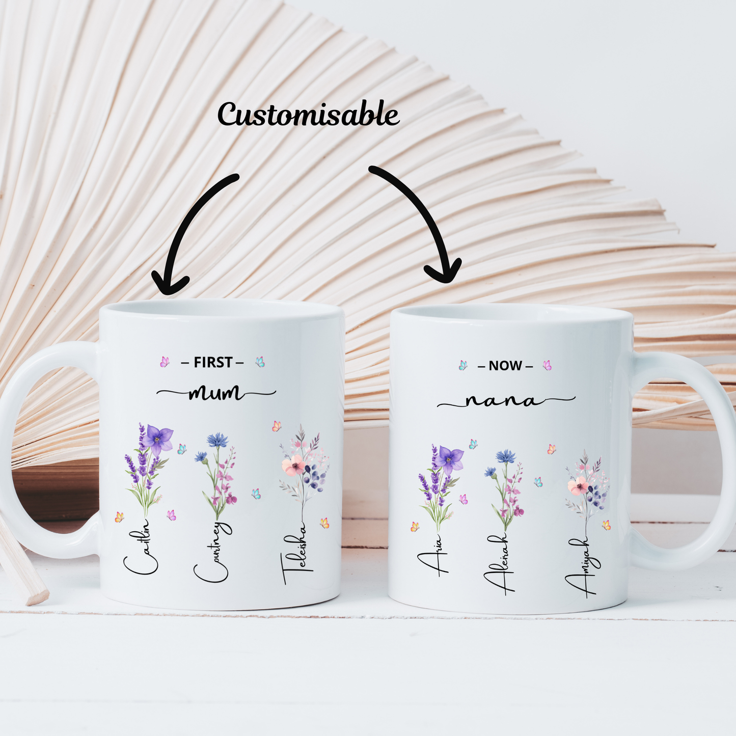First Mum Now Grandma Mug with kids and grandkids names and floral design, custom grandma coffee mug