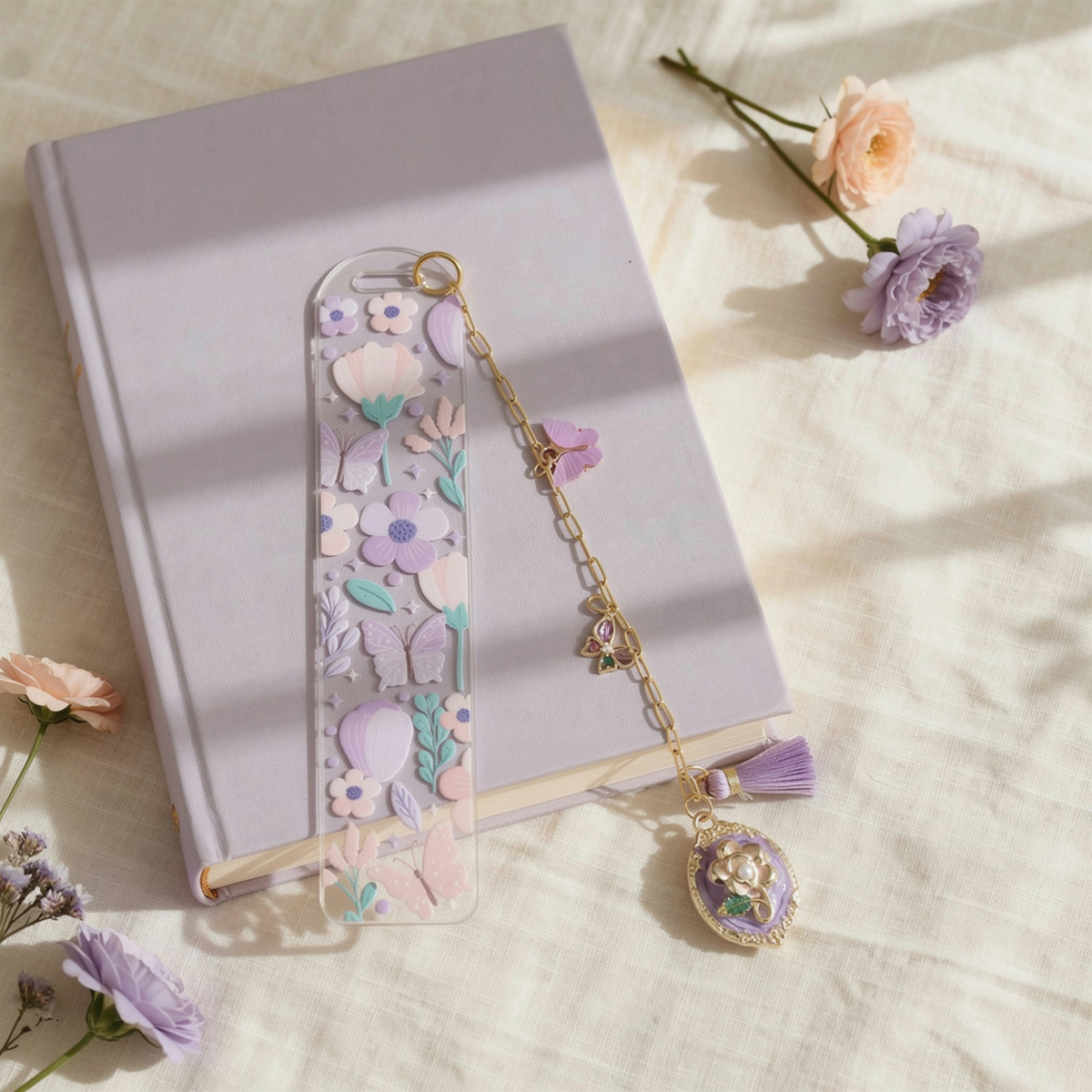 Floral Butterfly Bookmark with Charms . Purple Flower Acrylic Bookmark . Butterfly Lover Book Lover Gift