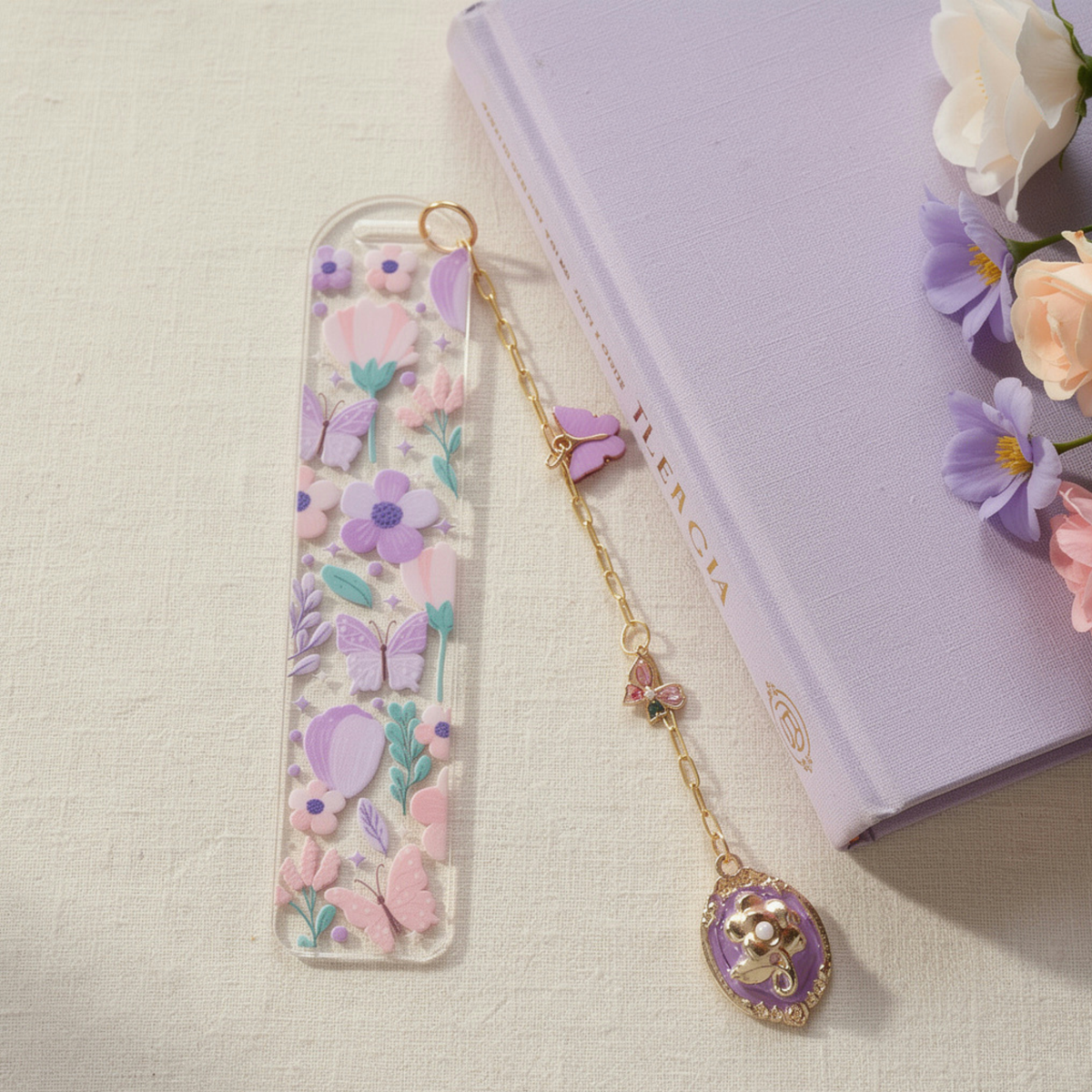 Floral Butterfly Bookmark with Charms . Purple Flower Acrylic Bookmark . Butterfly Lover Book Lover Gift
