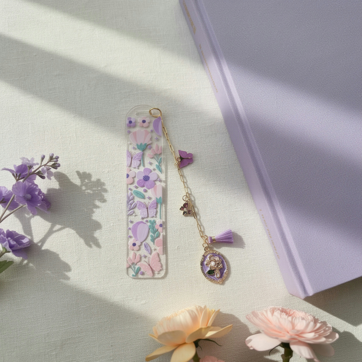 Floral Butterfly Bookmark with Charms . Purple Flower Acrylic Bookmark . Butterfly Lover Book Lover Gift