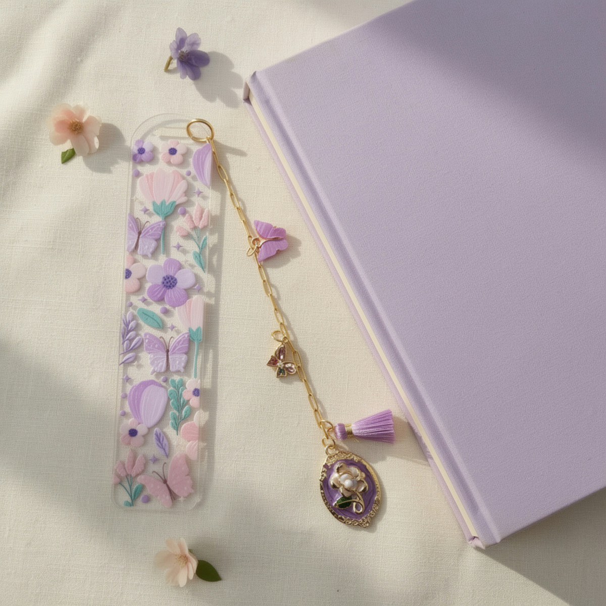 Floral Butterfly Bookmark with Charms . Purple Flower Acrylic Bookmark . Butterfly Lover Book Lover Gift