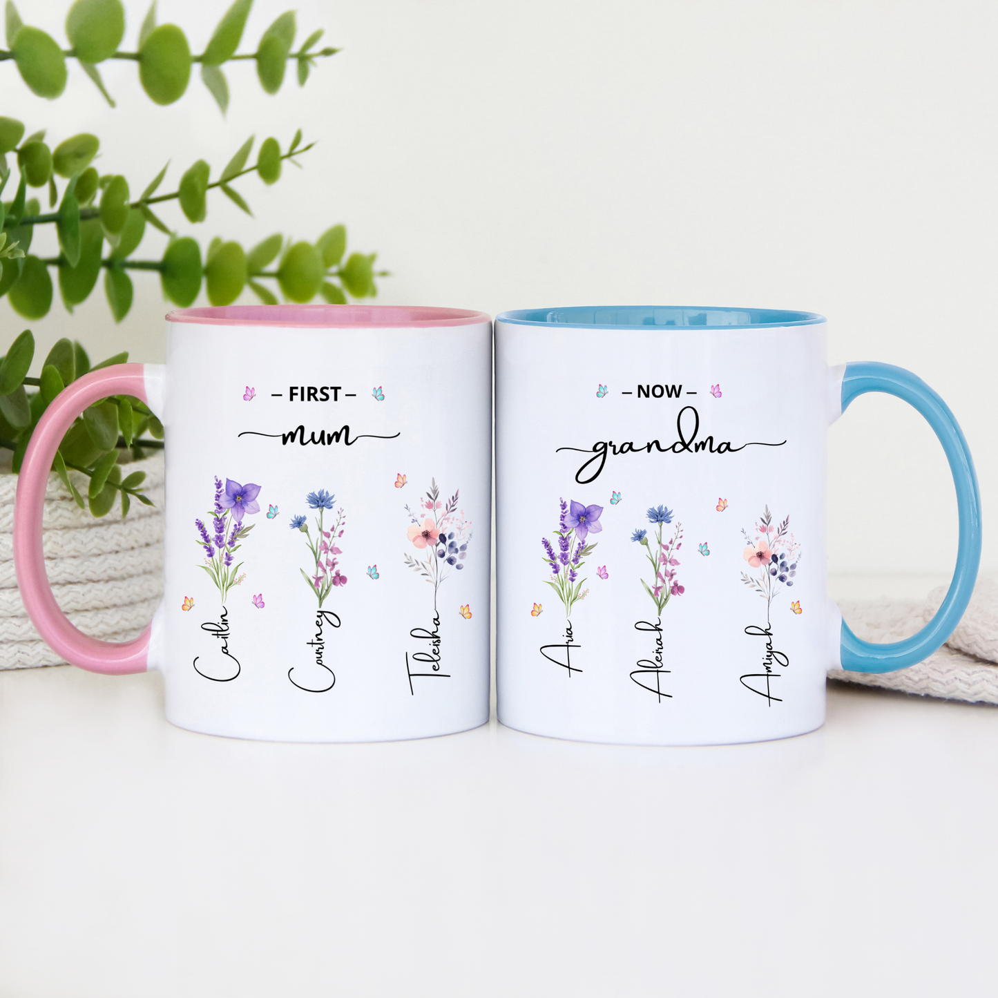 First Mum Now Grandma Mug with kids and grandkids names and floral design, custom grandma coffee mug