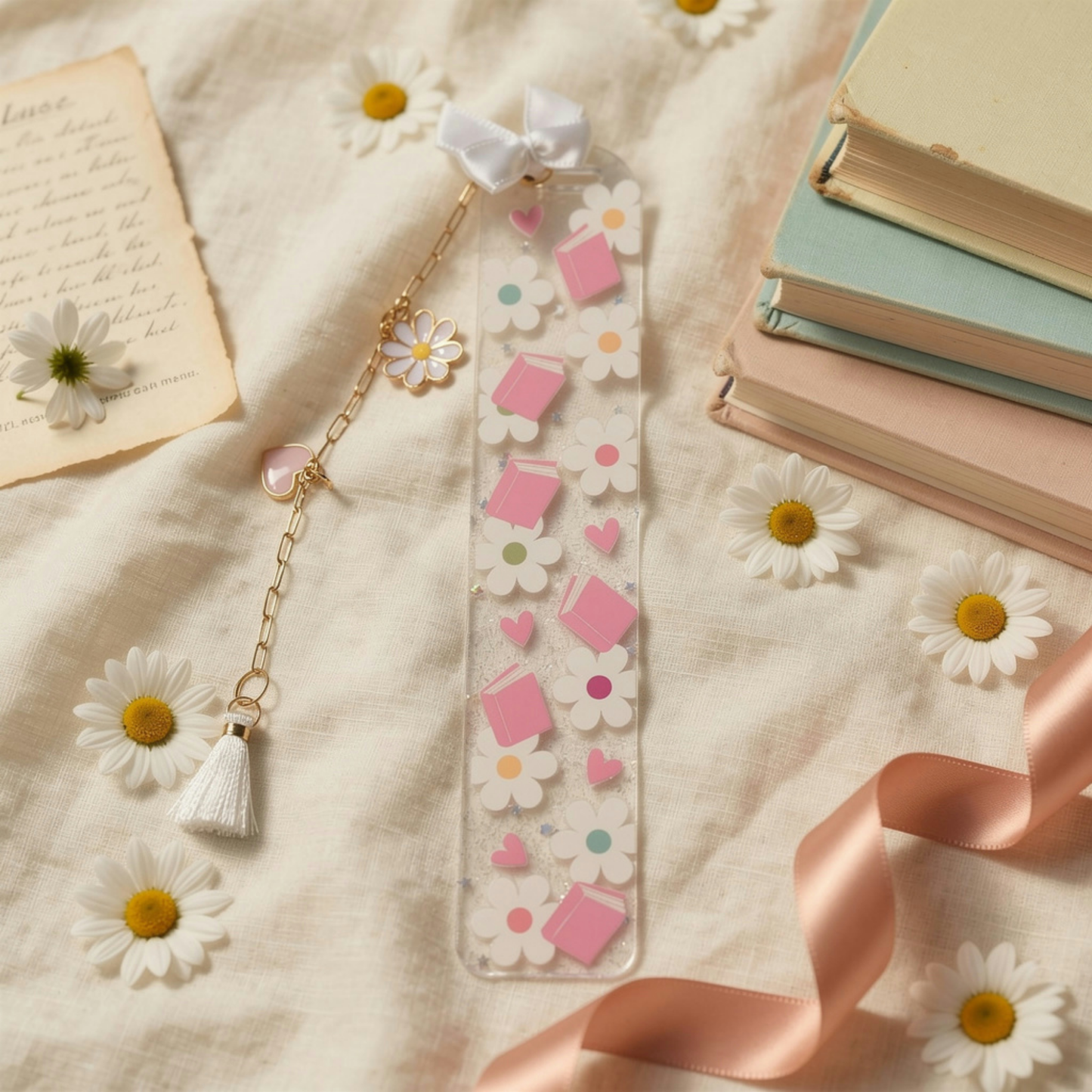 Pink Books Bookmark. Floral Book Lover Bookmark. Pink Daisy Bookmark