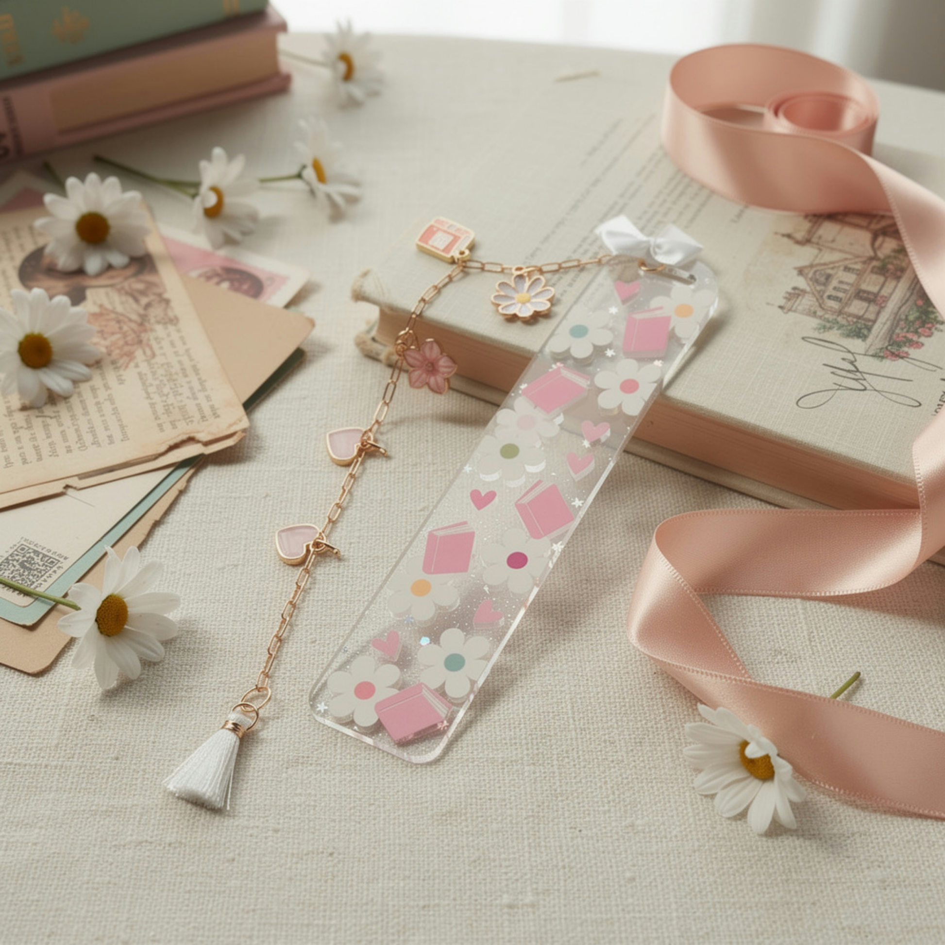 Pink Books Bookmark. Floral Book Lover Bookmark. Pink Daisy Bookmark