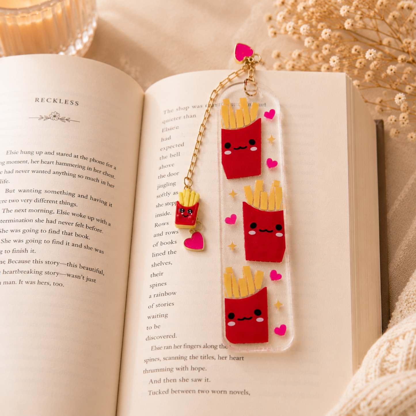 French Fries Bookmark. French Fries Book Lover Gift. Cute Fries Acrylic Bookmark with Charms