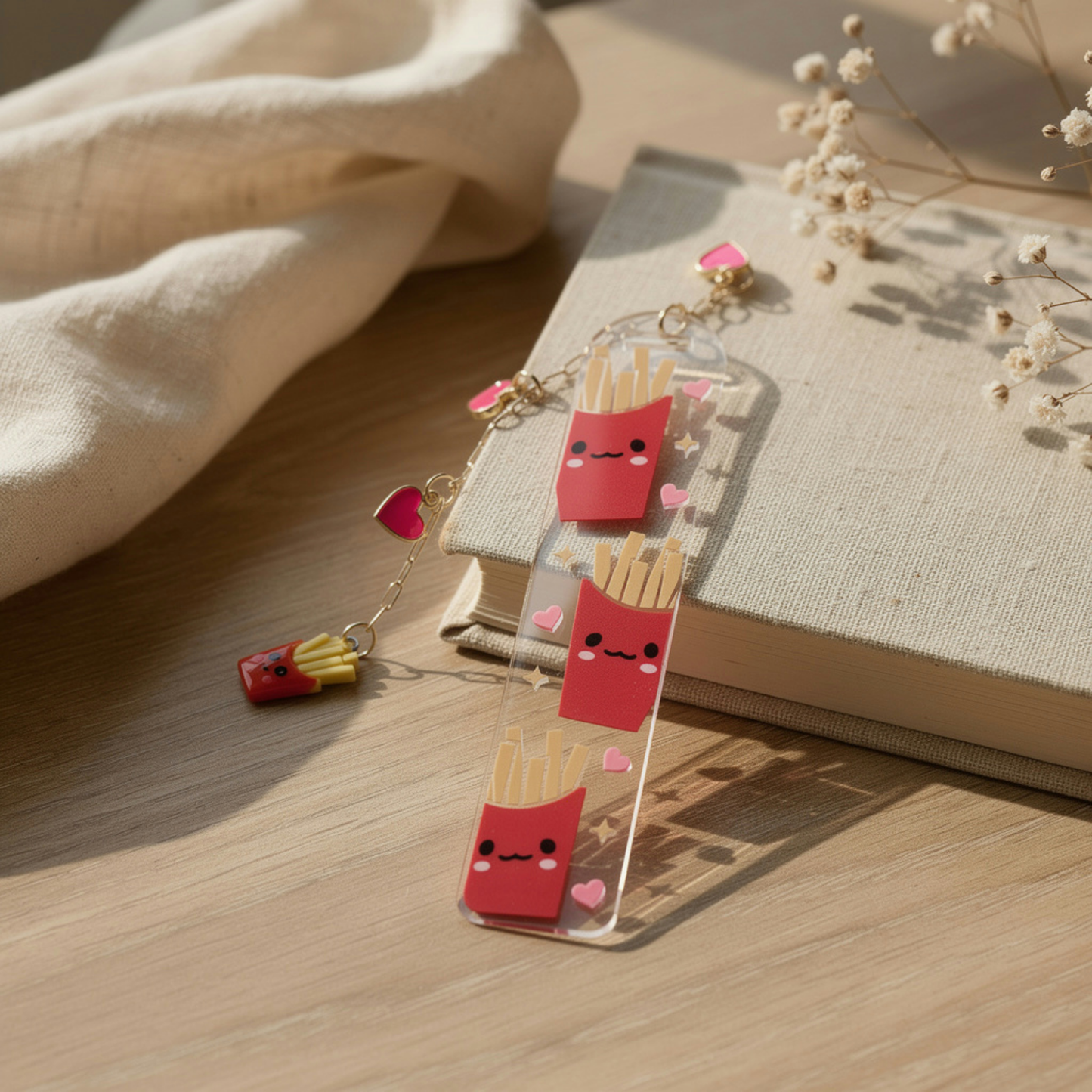 French Fries Bookmark. French Fries Book Lover Gift. Cute Fries Acrylic Bookmark with Charms