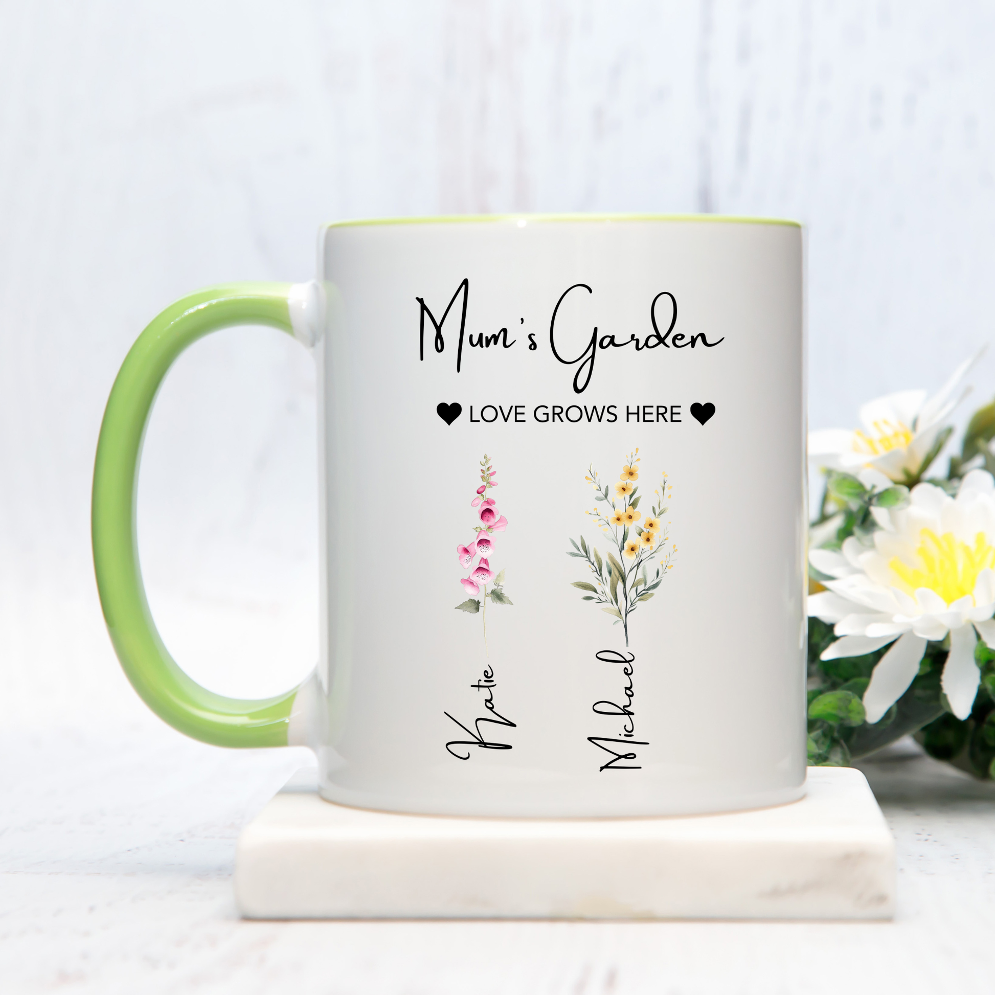 Mum's Garden Mug. Personalised Mum's Garden Mug. Mum Mug with the kids names. Flower Mug for Mum. Garden Mug Mum. Custom Flower mug for Mum