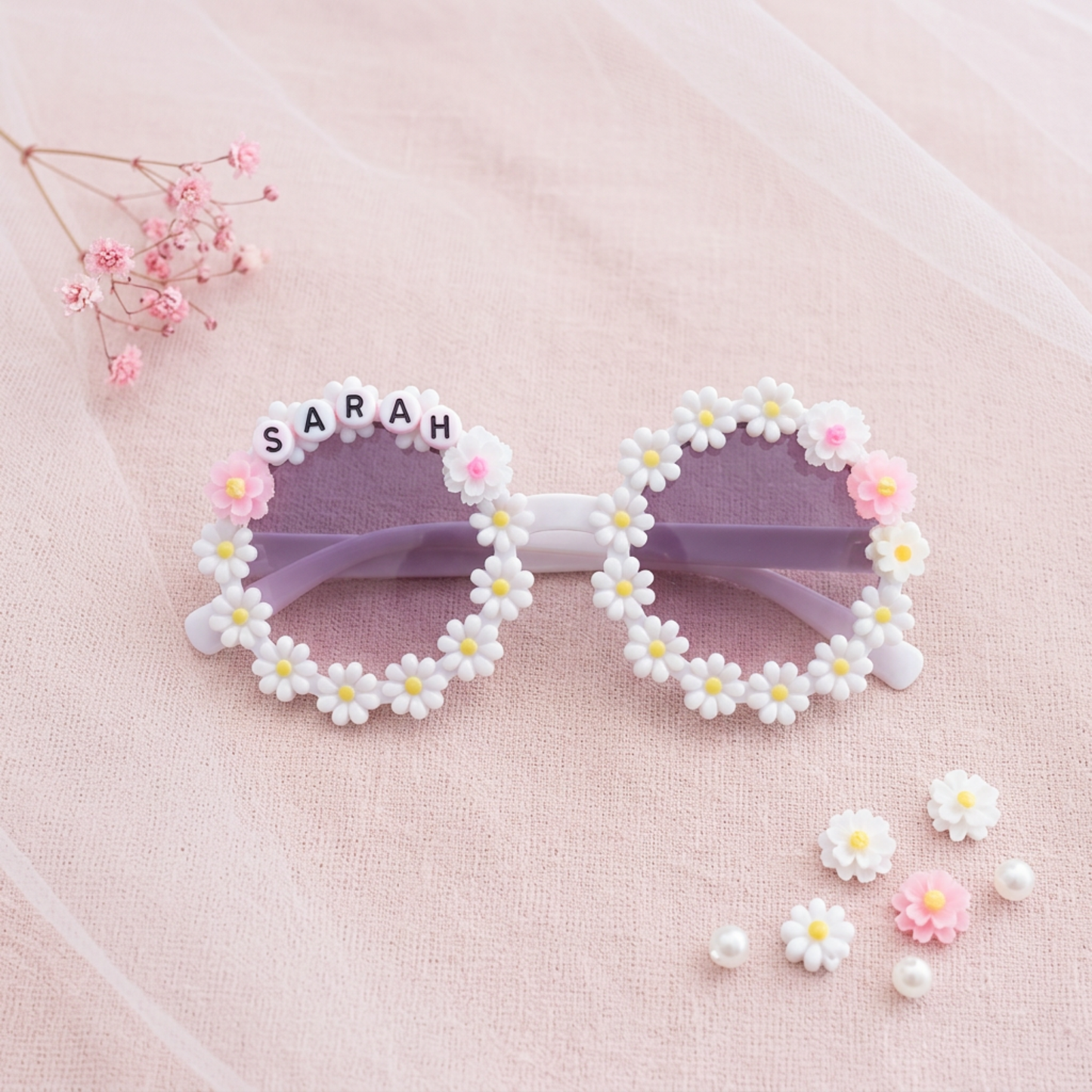 Personalised Kids Sunglasses with Name, Flower Daisy Sunglasses for Girls Custom Kids Sunglasses with Name