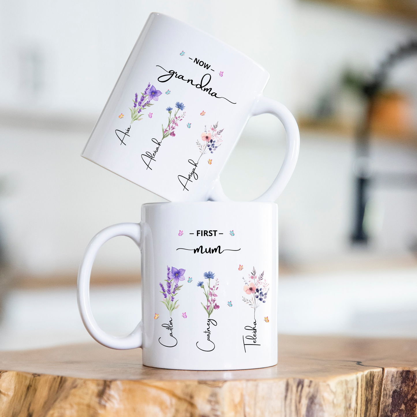 First Mum Now Grandma Mug with kids and grandkids names and floral design, custom grandma coffee mug