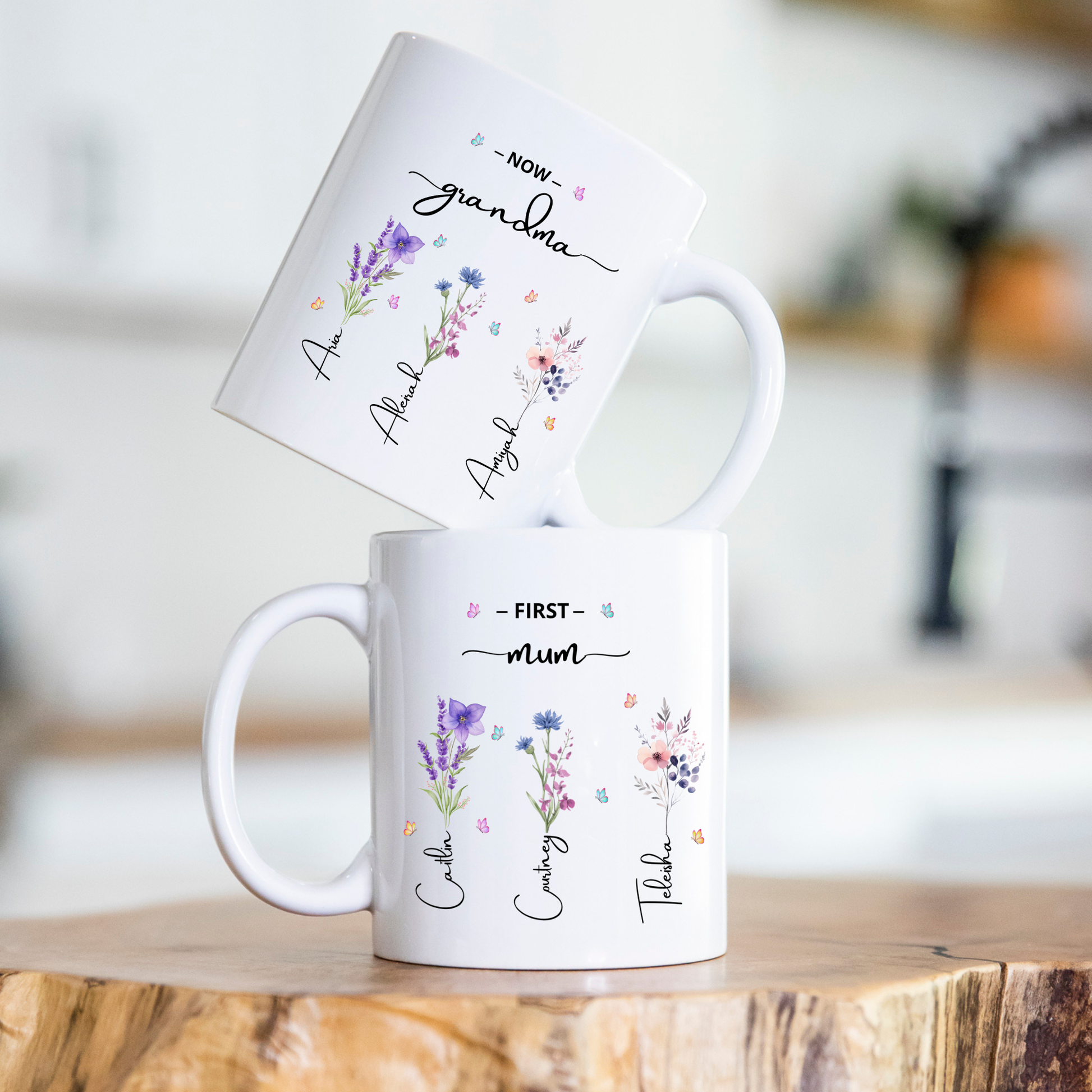 First Mum Now Grandma Mug with kids and grandkids names and floral design, custom grandma coffee mug