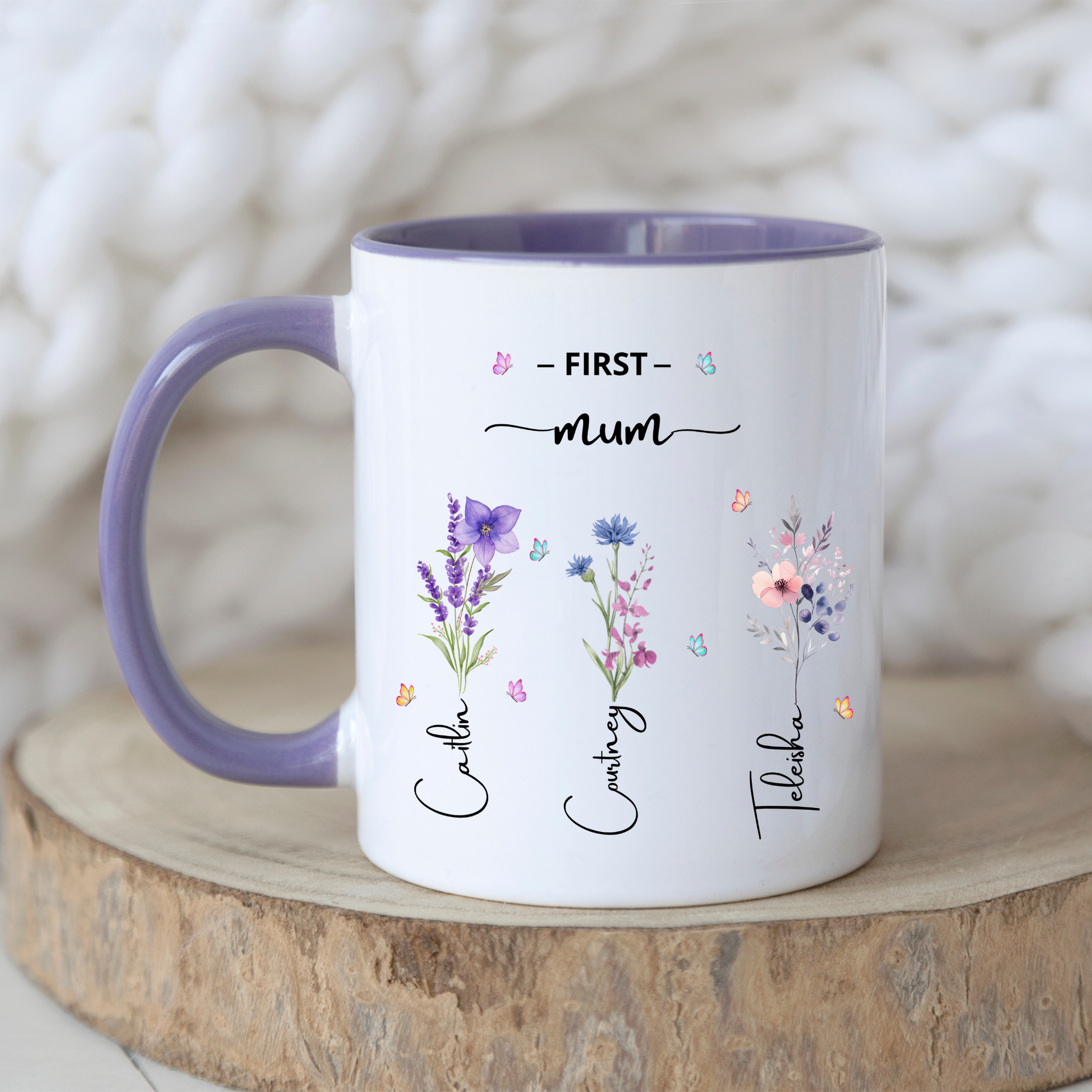 First Mum Now Grandma mug personalised with name flowers, special keepsake gift for grandma and mum