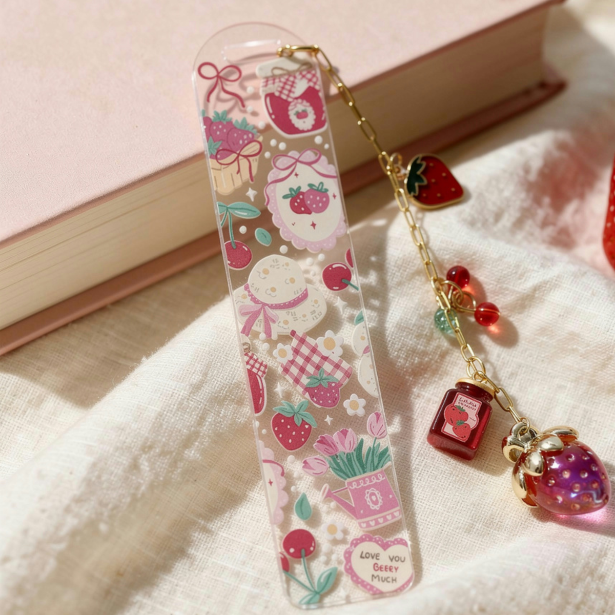 Strawberry Bookmark, Personalised Strawberry Bookmark with Charms, Cute Acrylic Bookmark, Kawaii Fruit Bookmark, Book Lover Gift, Coquette Gift