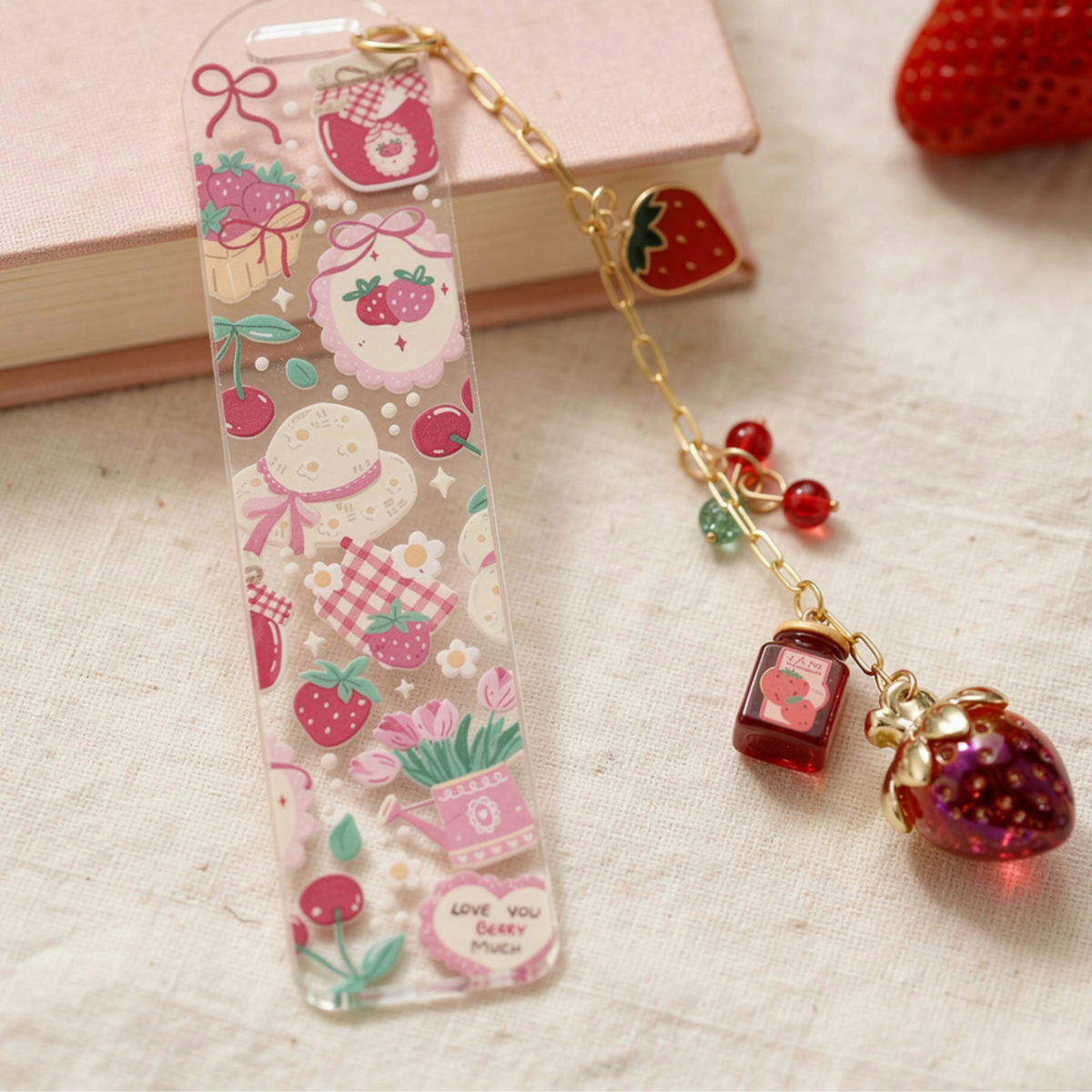 Strawberry Bookmark, Personalised Strawberry Bookmark with Charms, Cute Acrylic Bookmark, Kawaii Fruit Bookmark, Book Lover Gift, Coquette Gift