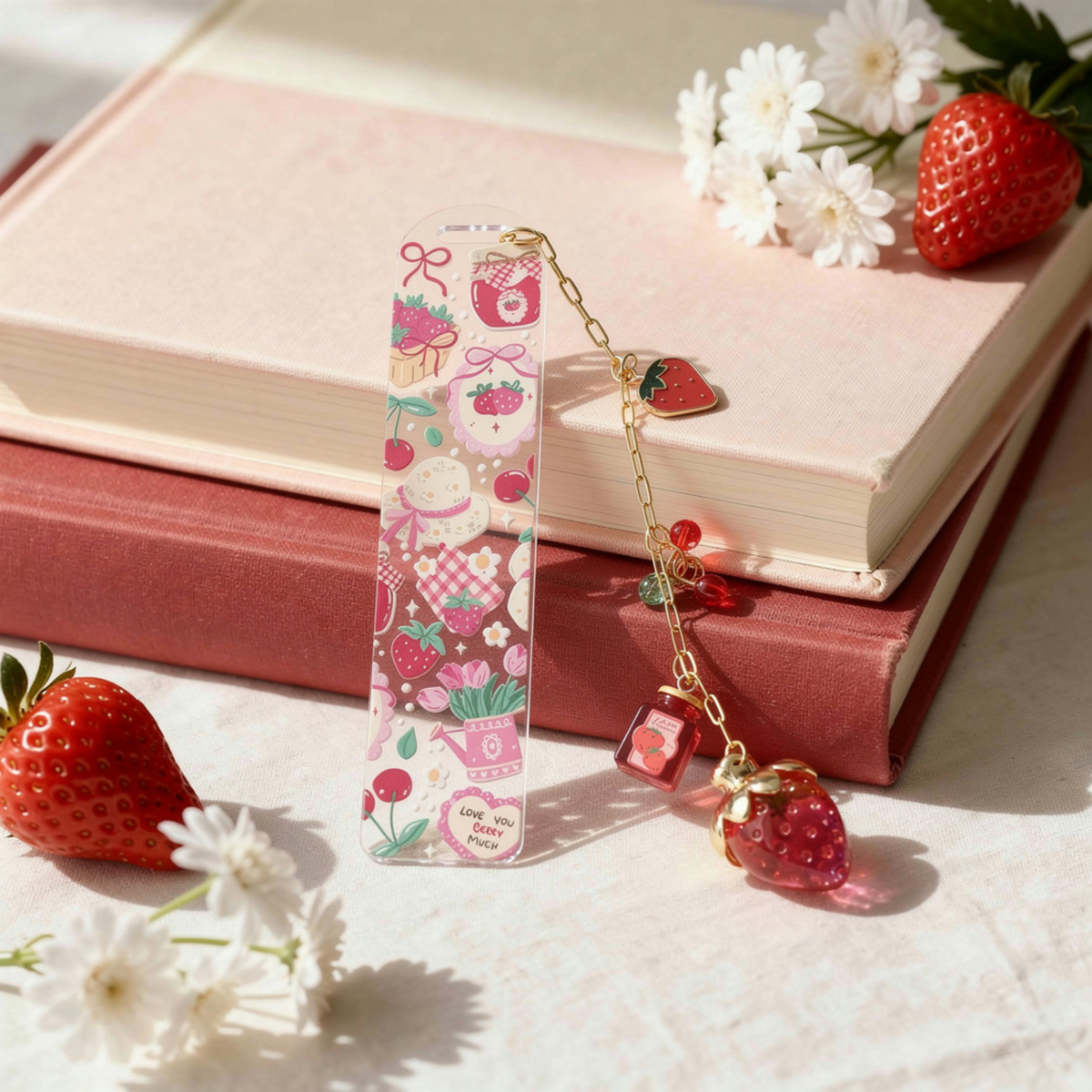 Strawberry Bookmark, Personalised Strawberry Bookmark with Charms, Cute Acrylic Bookmark, Kawaii Fruit Bookmark, Book Lover Gift, Coquette Gift