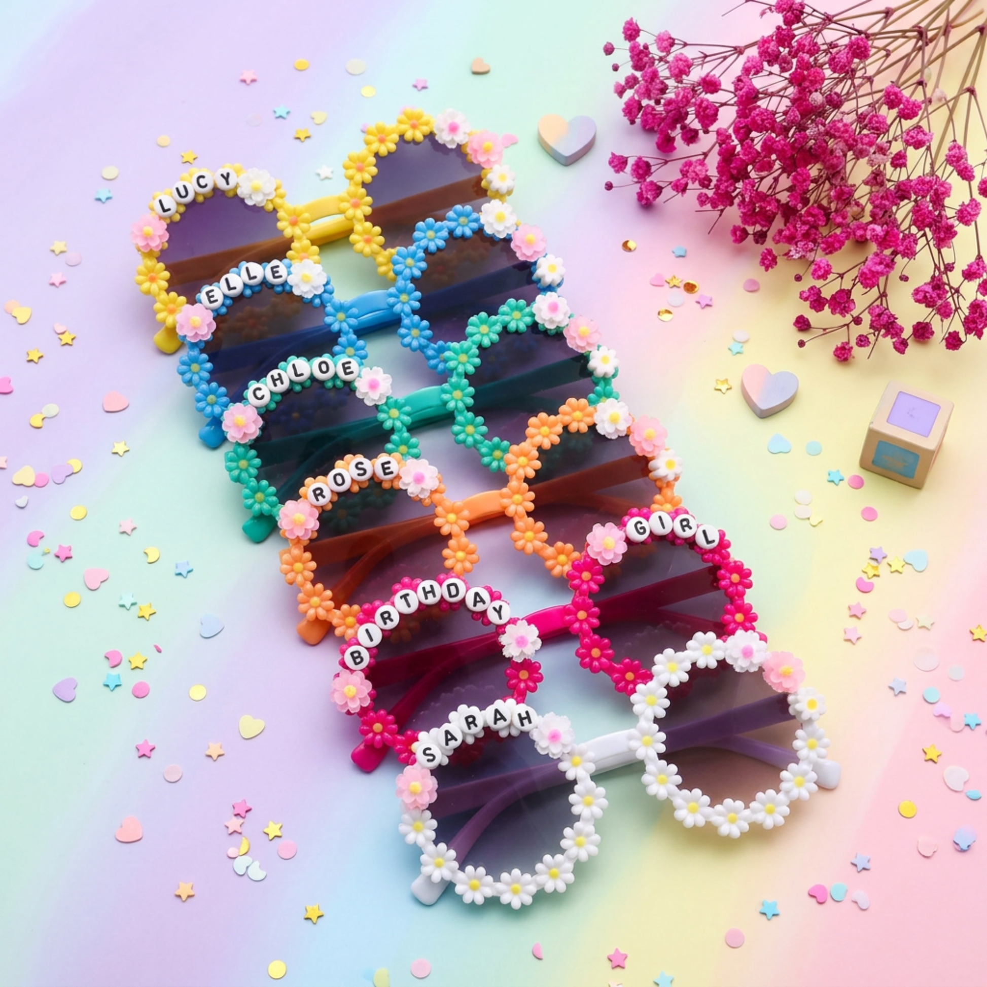 Personalised Kids Sunglasses with Name, Flower Daisy Sunglasses for Girls Custom Kids Sunglasses with Name