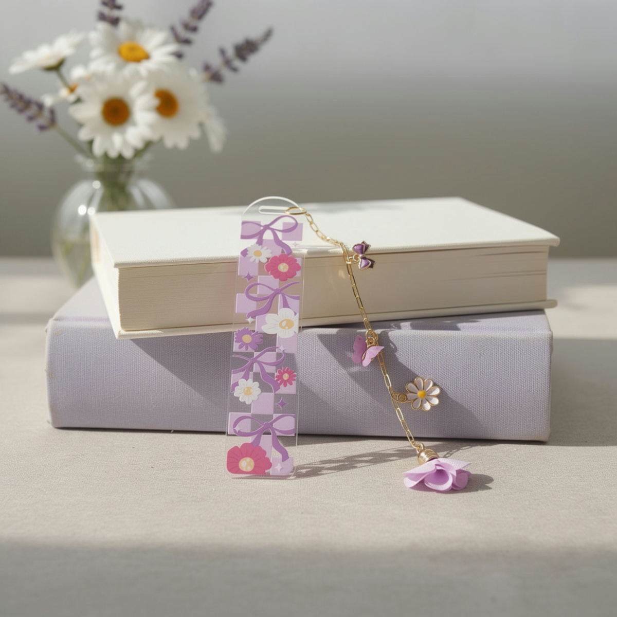 Lavender Floral Bookmark with Charms