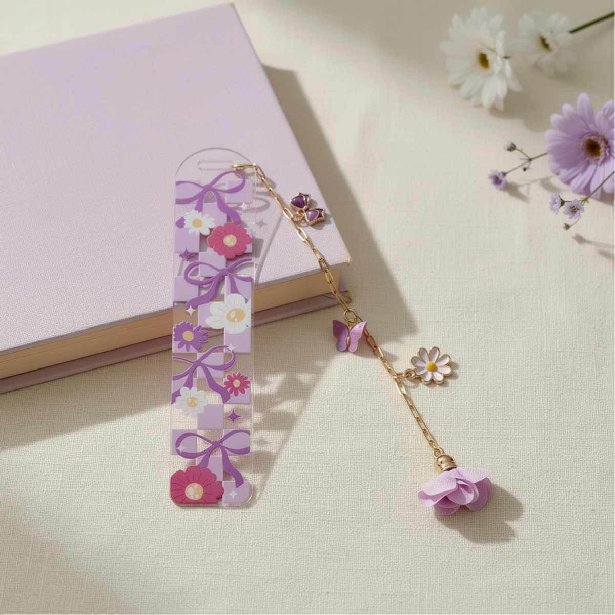 Lavender Floral Bookmark with Charms