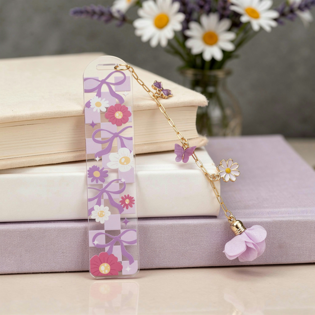 Lavender Floral Bookmark with Charms