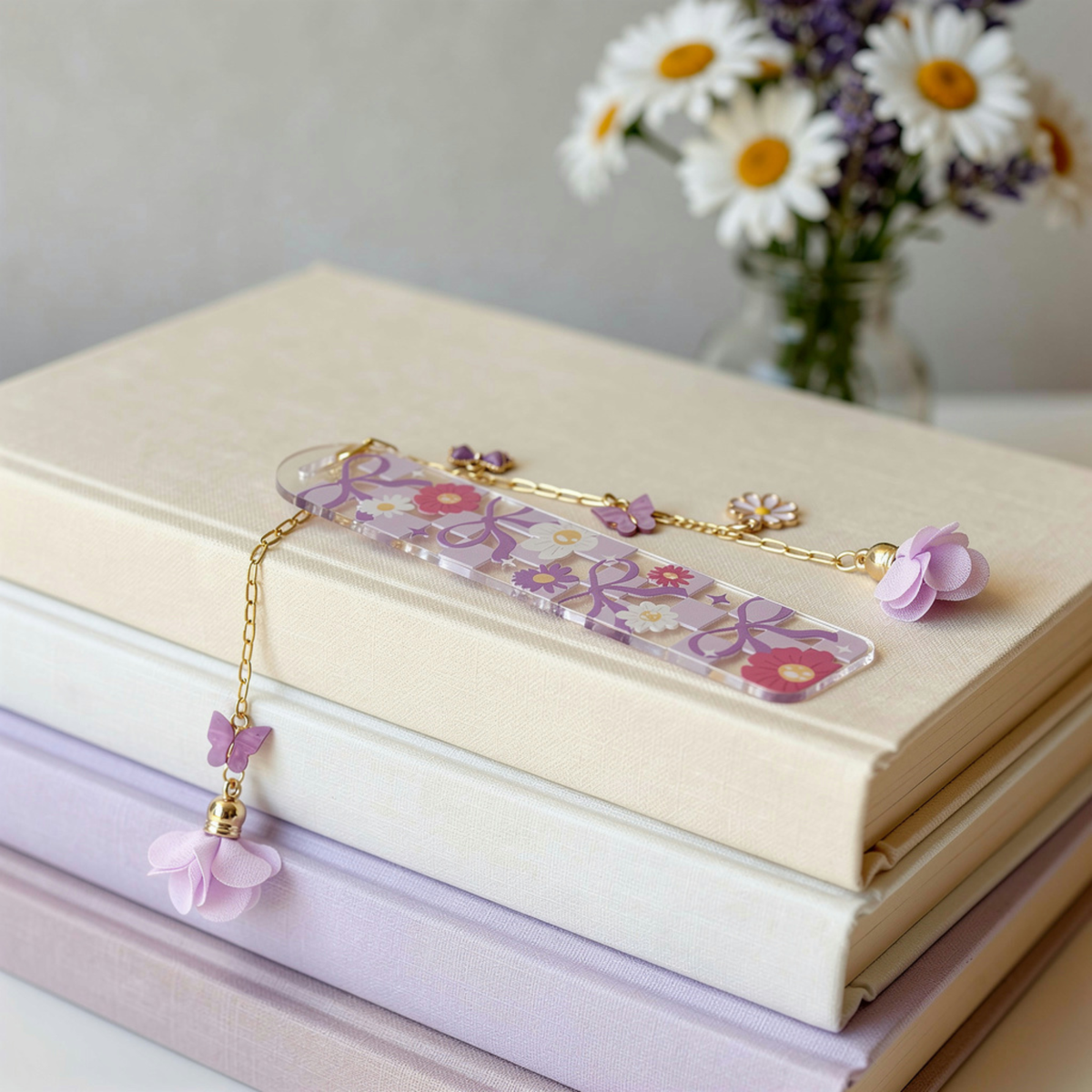 Lavender Floral Bookmark with Charms