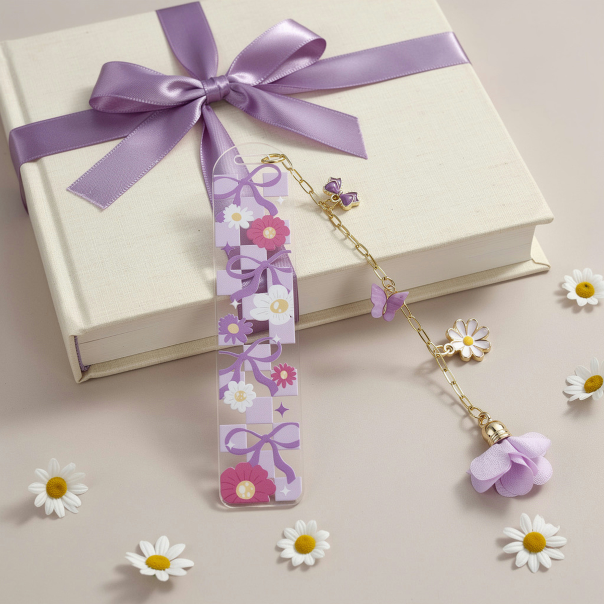 Lavender Floral Bookmark with Charms