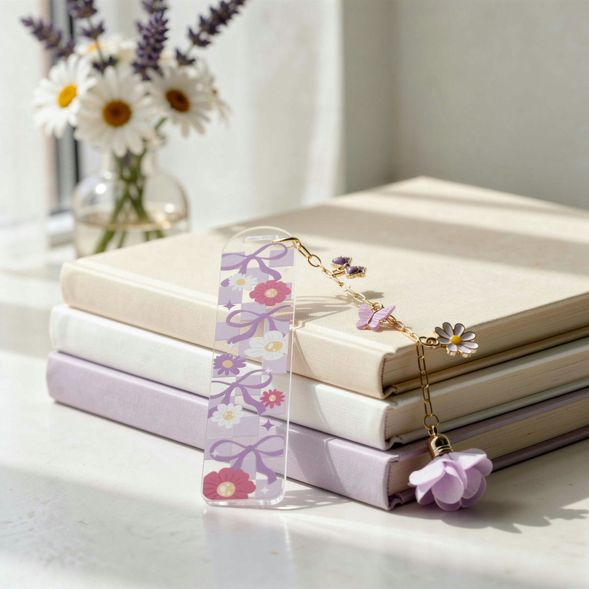 Lavender Floral Bookmark with Charms
