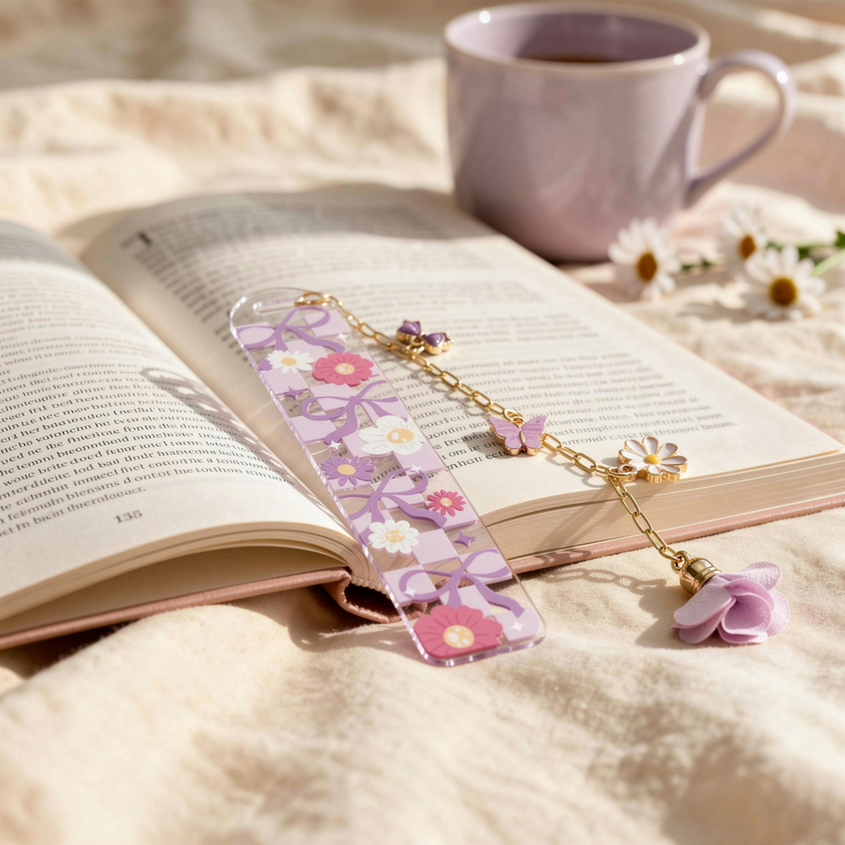Lavender Floral Bookmark with Charms