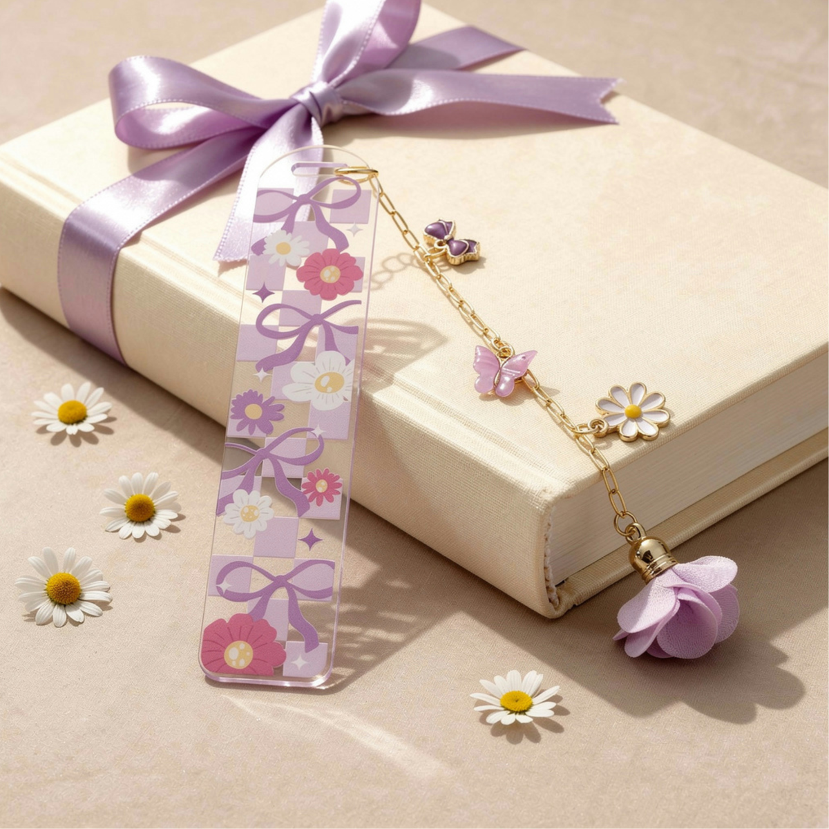 Lavender Floral Bookmark with Charms