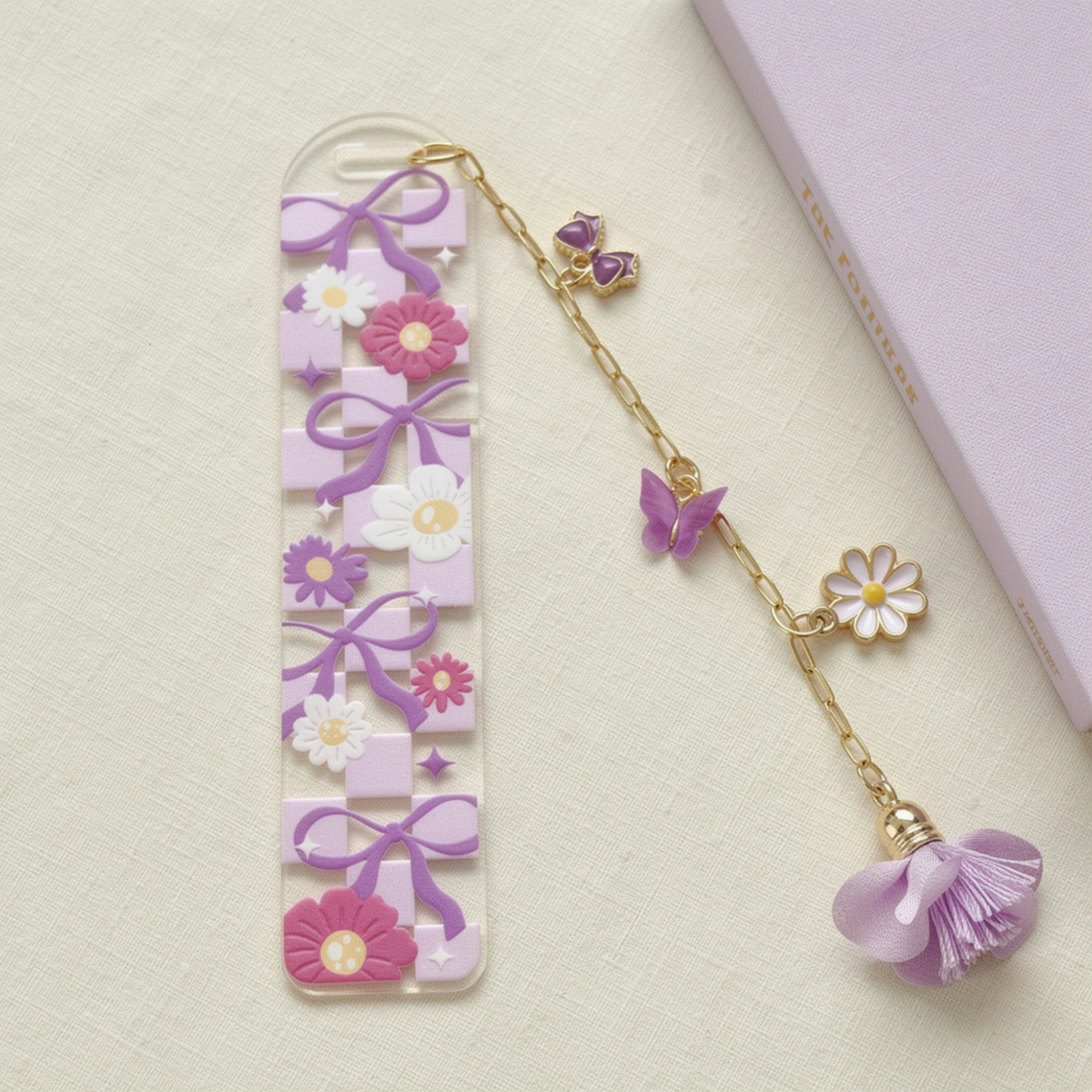 Lavender Floral Bookmark with Charms