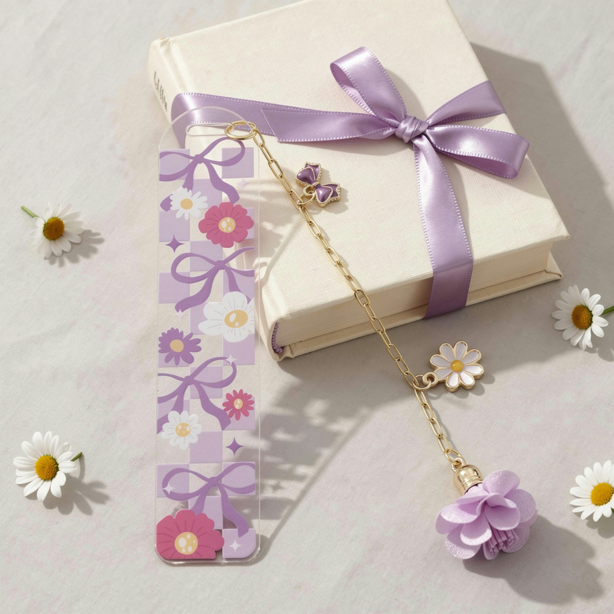 Lavender Floral Bookmark with Charms