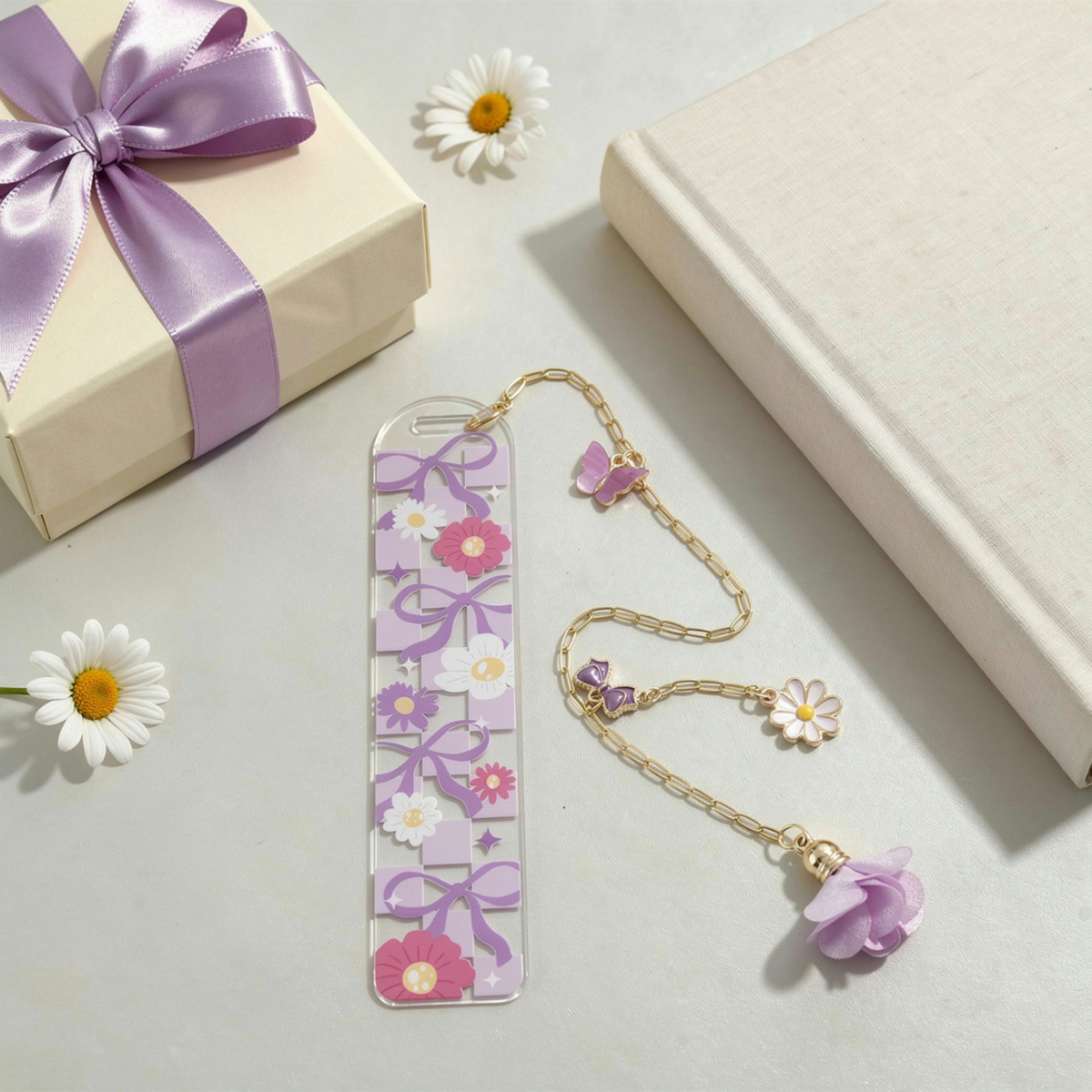 Lavender Floral Bookmark with Charms