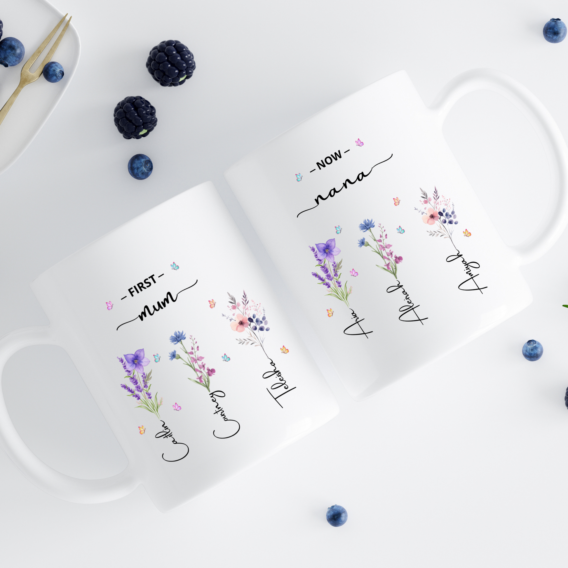 First Mum Now Grandma Mug with kids and grandkids names and floral design, custom grandma coffee mug