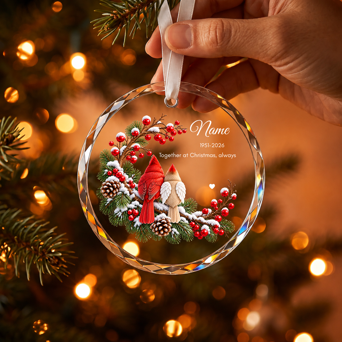 Personalised memorial Christmas ornament Design A held up by hand